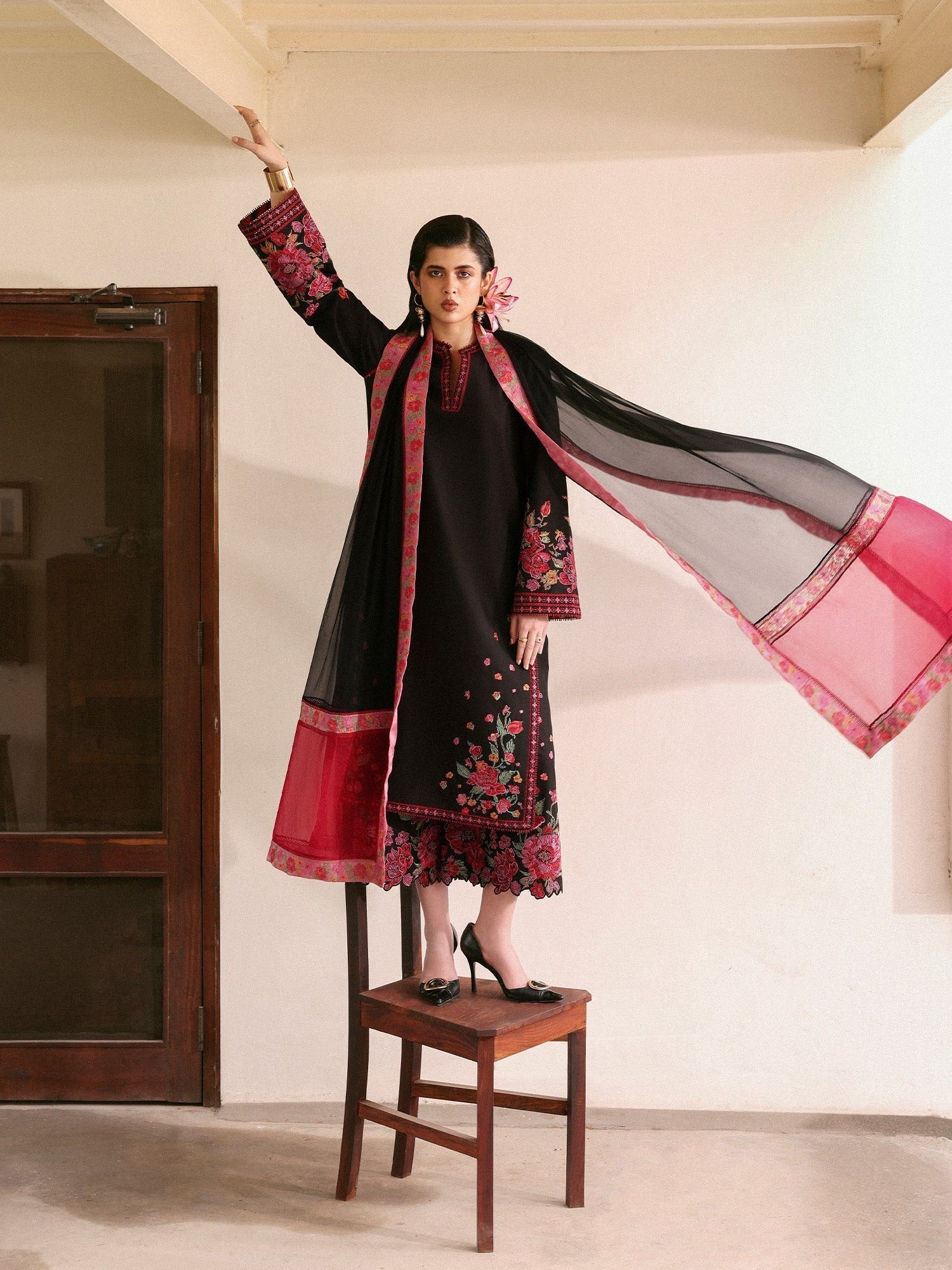 Black-Hussain Rehar Eid Pret SS 26 Lawn Embroidered Stitched 3-Piece Suit-Nigah