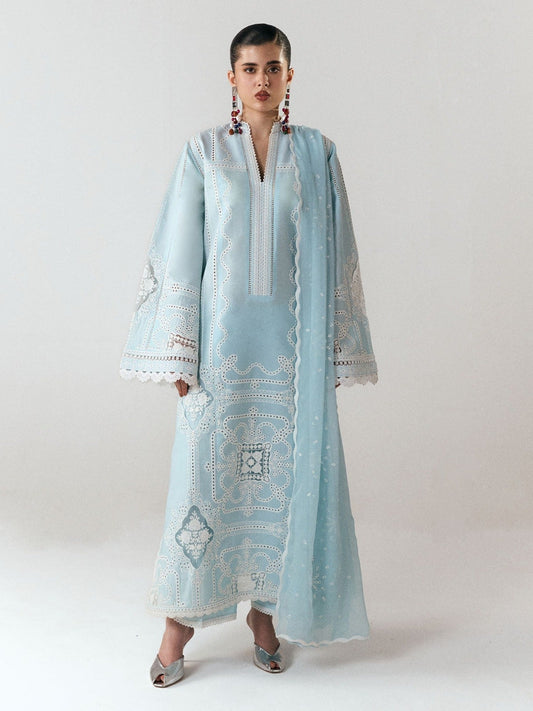 Blue-Jugnu By Hussain Rehar SS'26 Edit III Cotton Embroidered Unstitched 3-Piece Suit-Dira