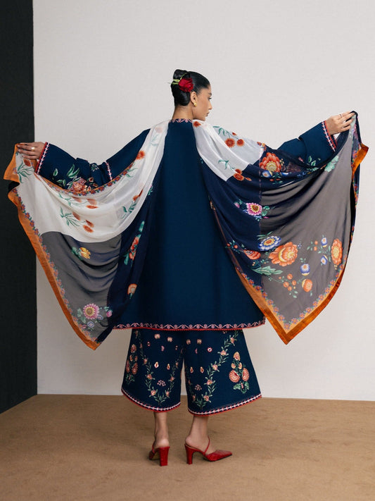Blue-Jugnu By Hussain Rehar SS'26-Edit IV Cotton Embroidered Stitched 3-Piece Suit-Jiro