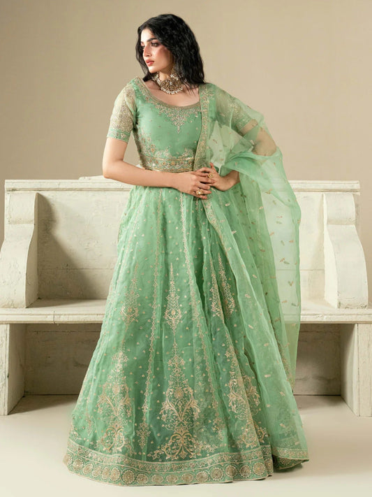 Green Hani & Umaima Organza Embroidered Lehenga-Gul e Rimal
