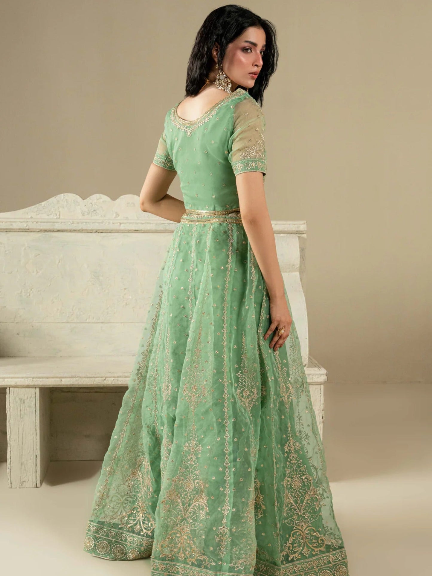 Green Hani & Umaima Organza Embroidered Lehenga-Gul e Rimal