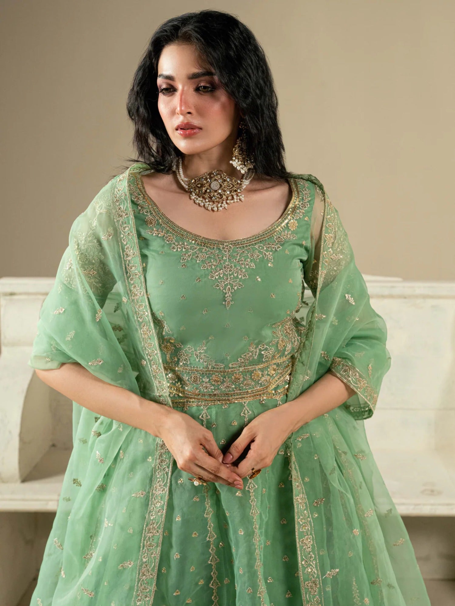 Green Hani & Umaima Organza Embroidered Lehenga-Gul e Rimal