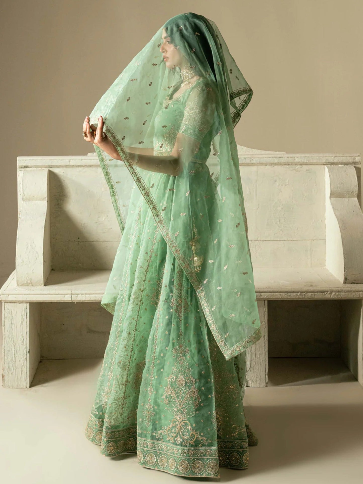 Green Hani & Umaima Organza Embroidered Lehenga-Gul e Rimal
