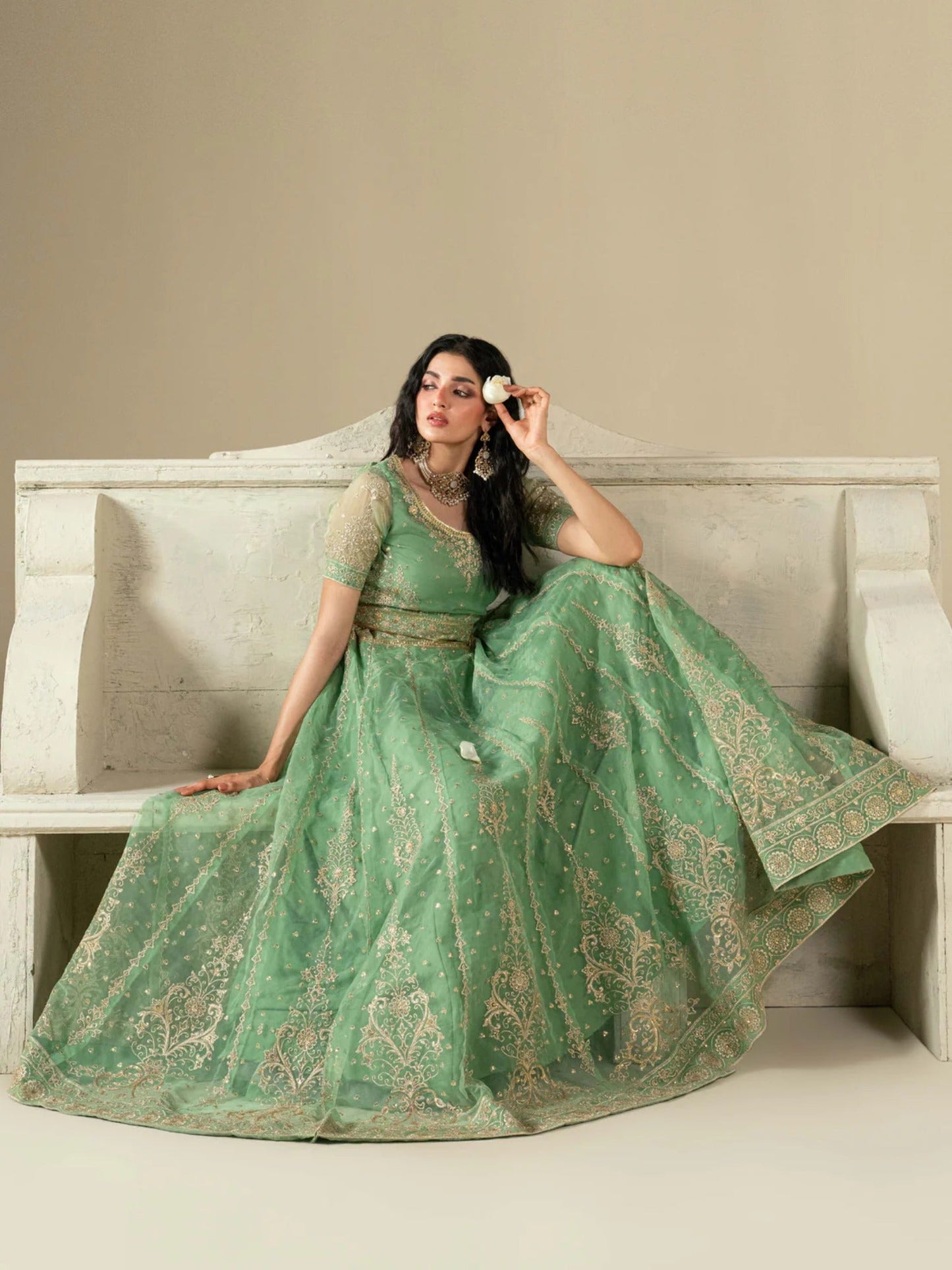 Green Hani & Umaima Organza Embroidered Lehenga-Gul e Rimal