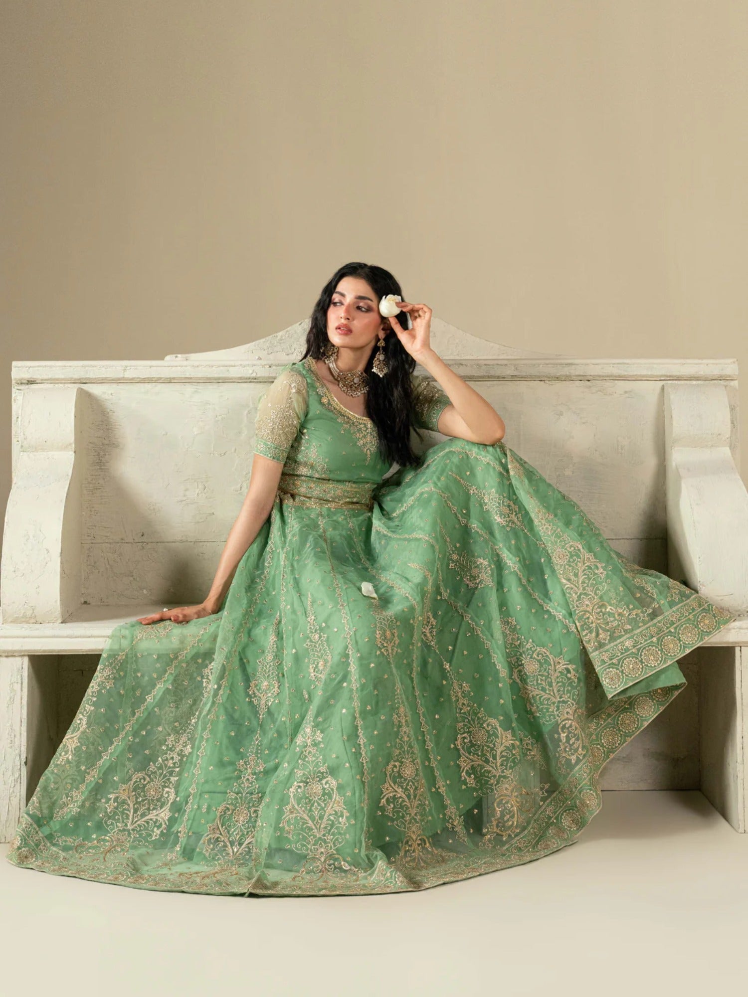 Green Hani & Umaima Organza Embroidered Lehenga-Gul e Rimal