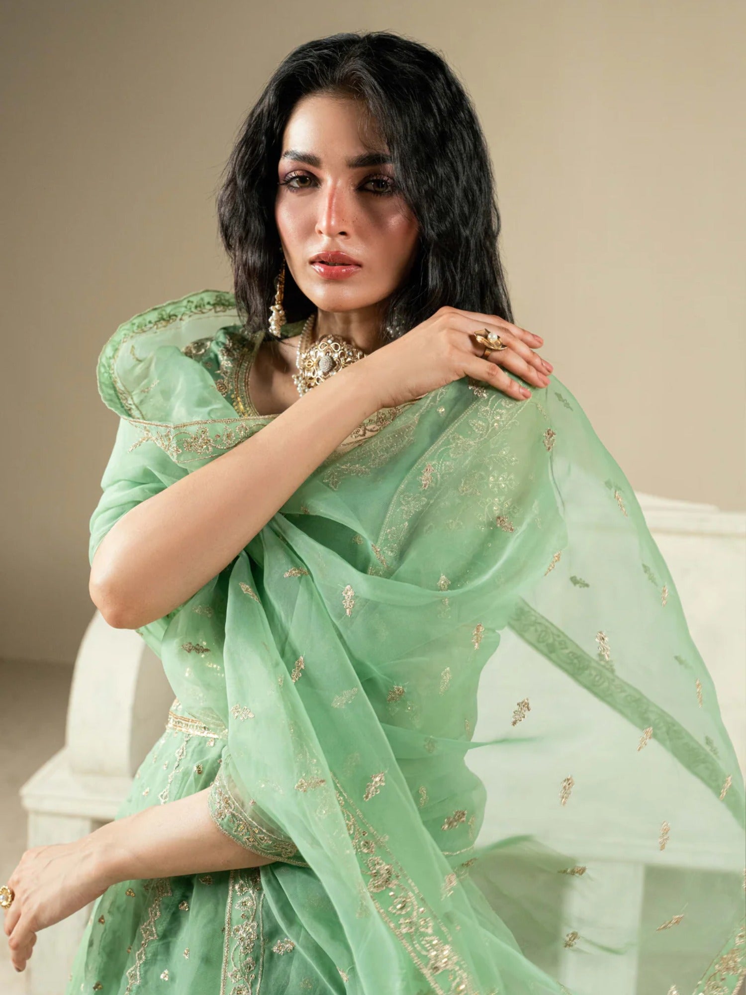 Green Hani & Umaima Organza Embroidered Lehenga-Gul e Rimal