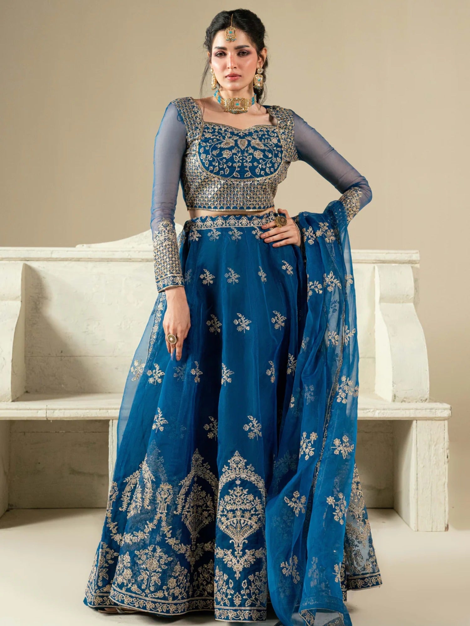 Blue Hani & Umaima Organza Embroidered Lehenga-Noor e Saba