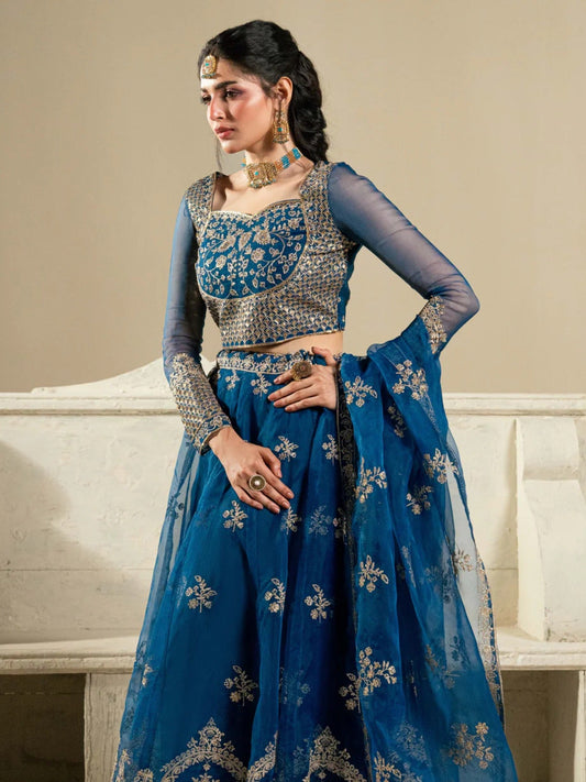 Blue Hani & Umaima Organza Embroidered Lehenga-Noor e Saba