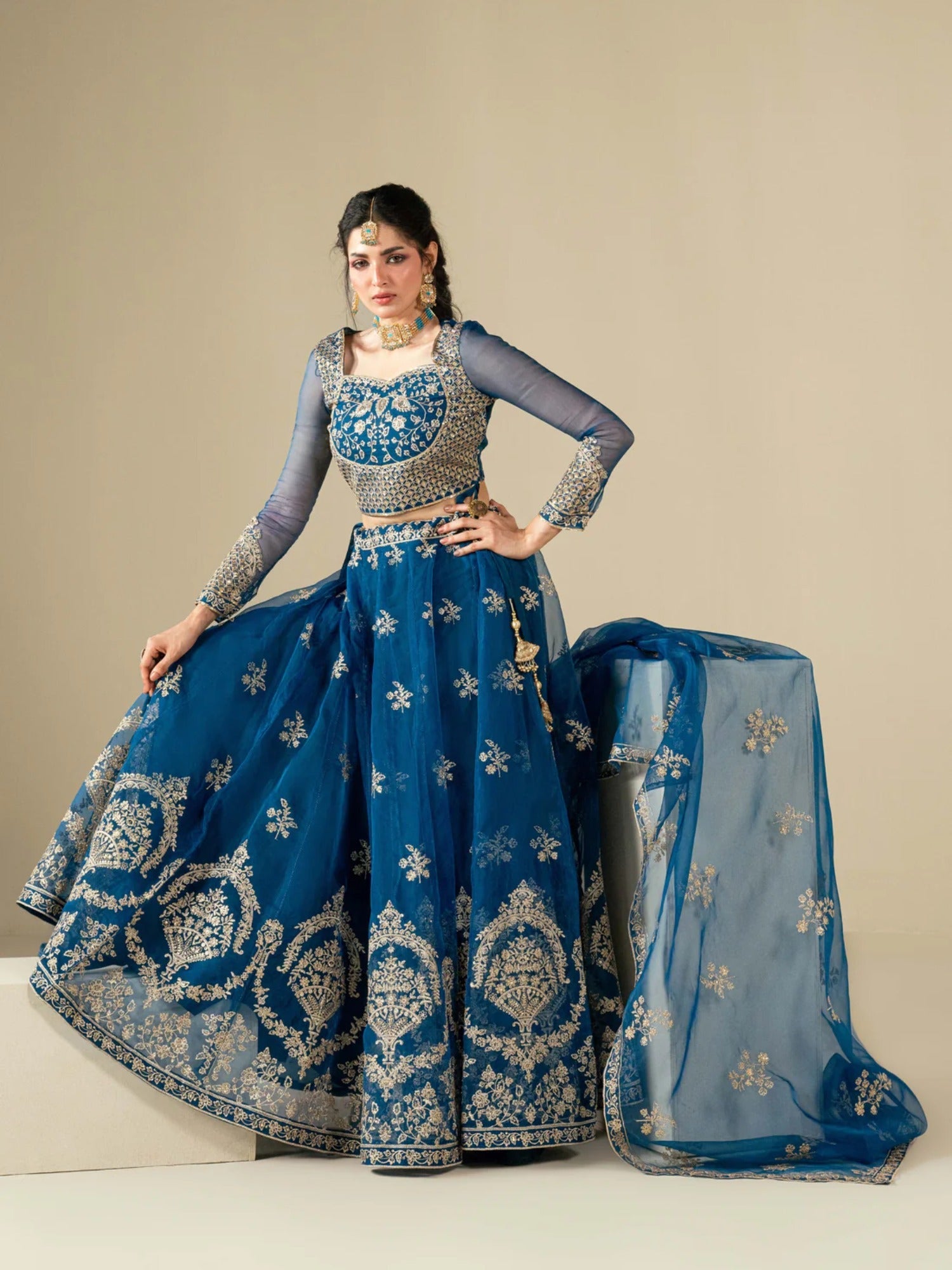 Blue Hani & Umaima Organza Embroidered Lehenga-Noor e Saba