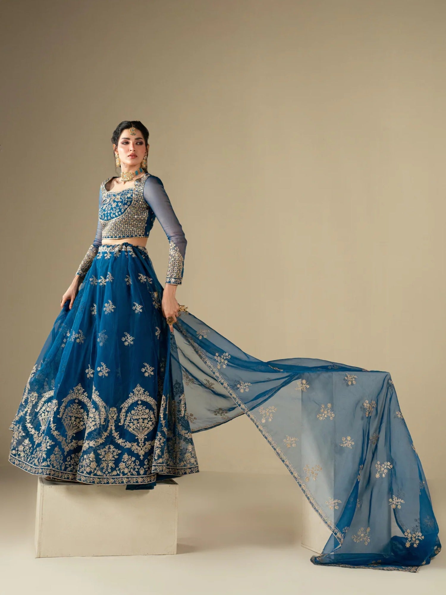 Blue Hani & Umaima Organza Embroidered Lehenga-Noor e Saba