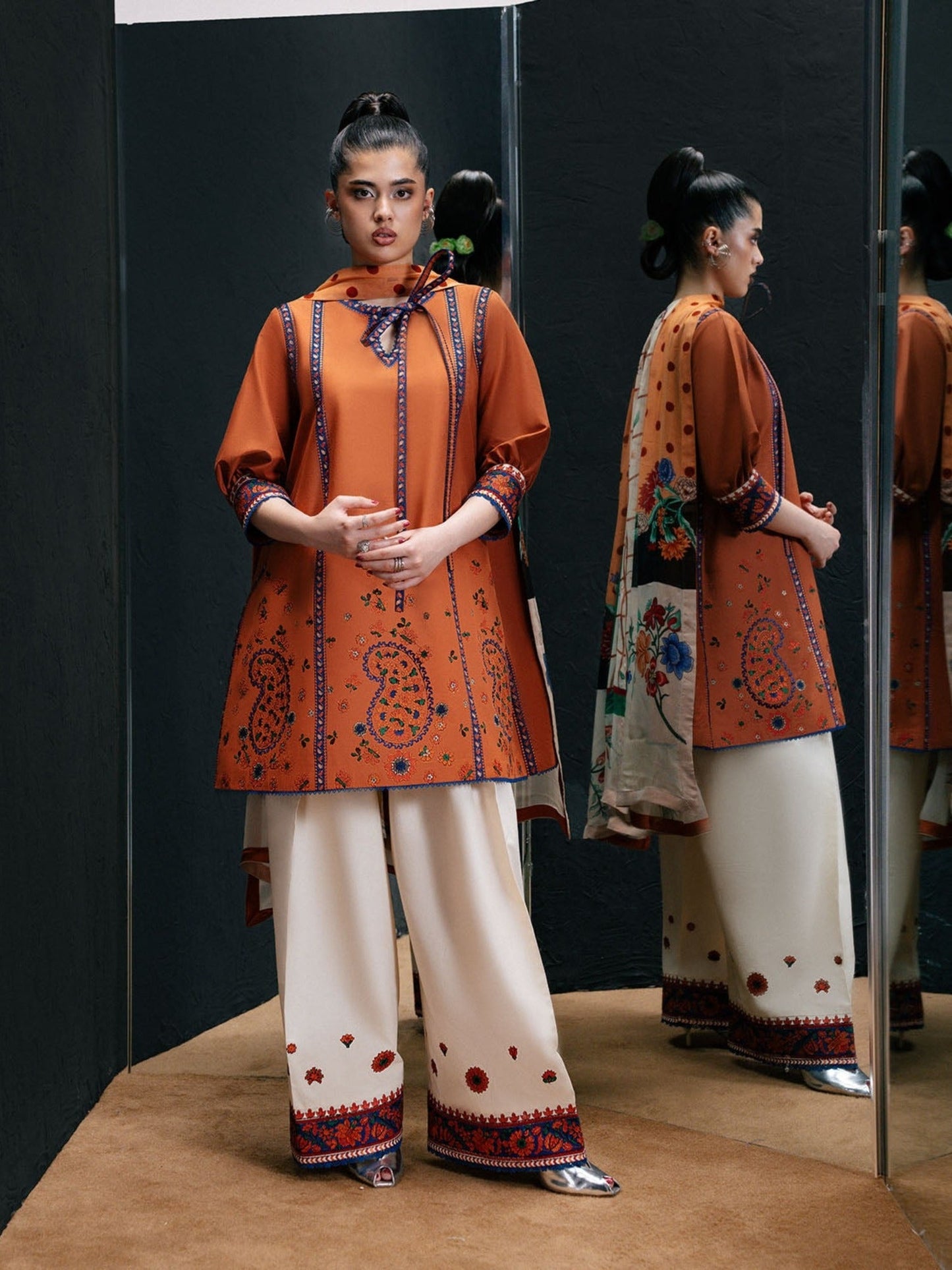 Orange Jugnu By Hussain Rehar SS'26-Edit IV Cotton Embroidered Stitched 3-Piece Suit-Yona