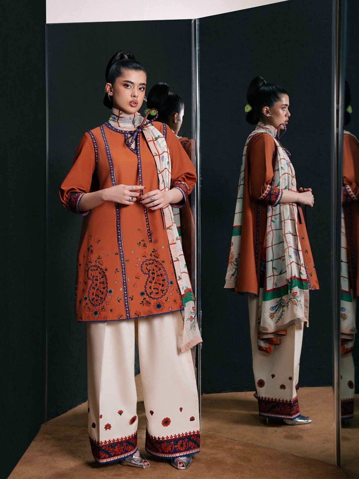 Orange Jugnu By Hussain Rehar SS'26-Edit IV Cotton Embroidered Stitched 3-Piece Suit-Yona