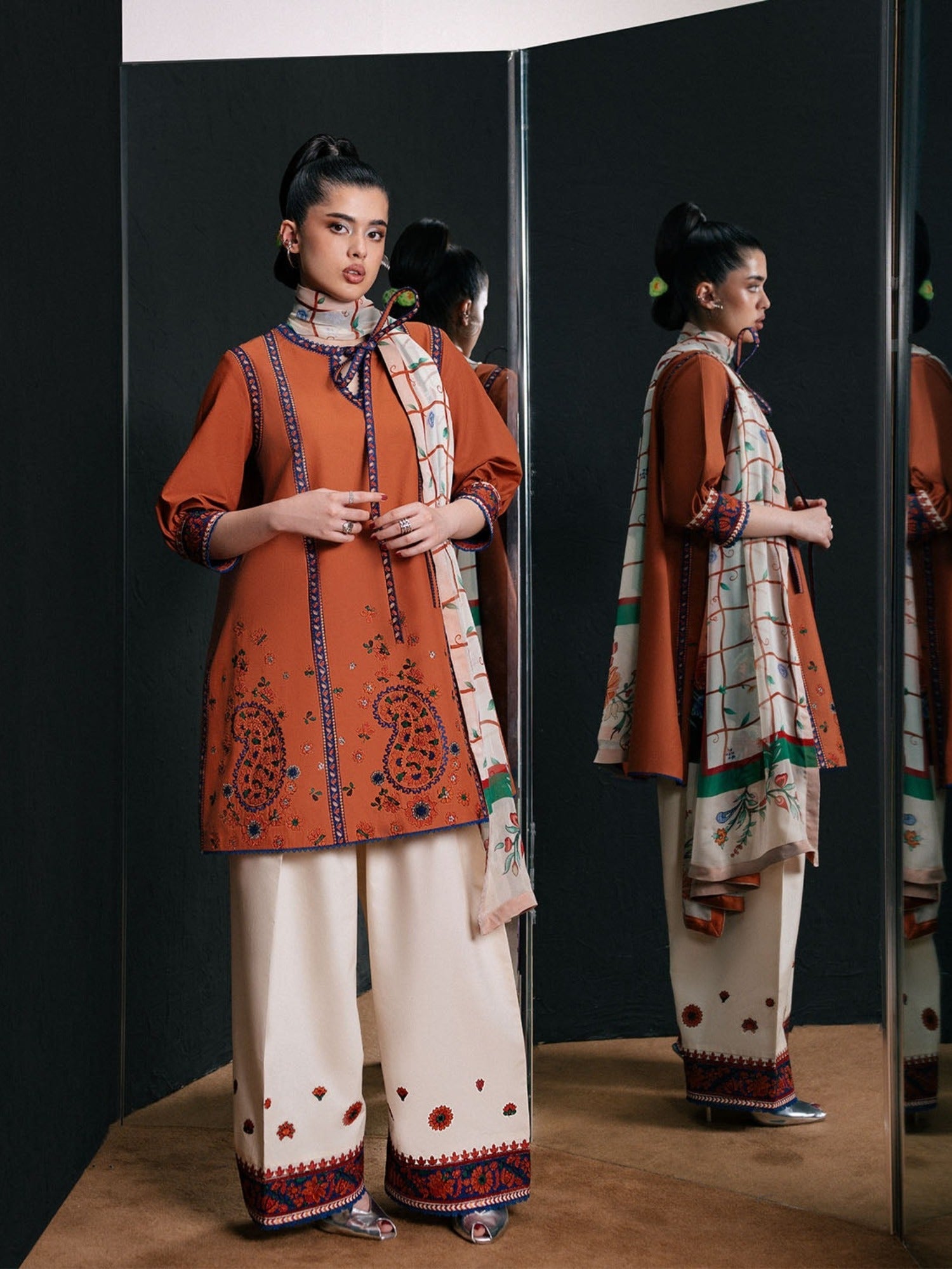 Orange Jugnu By Hussain Rehar SS'26-Edit IV Cotton Embroidered Stitched 3-Piece Suit-Yona