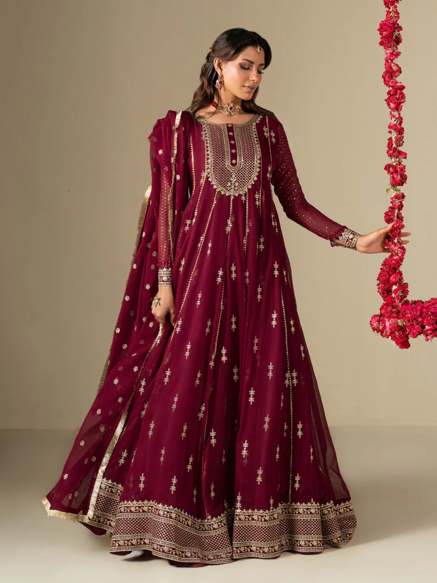 Maroon Hani & Umaima Chiffon Embroidered Stitched 2-Piece Suit-Jiya