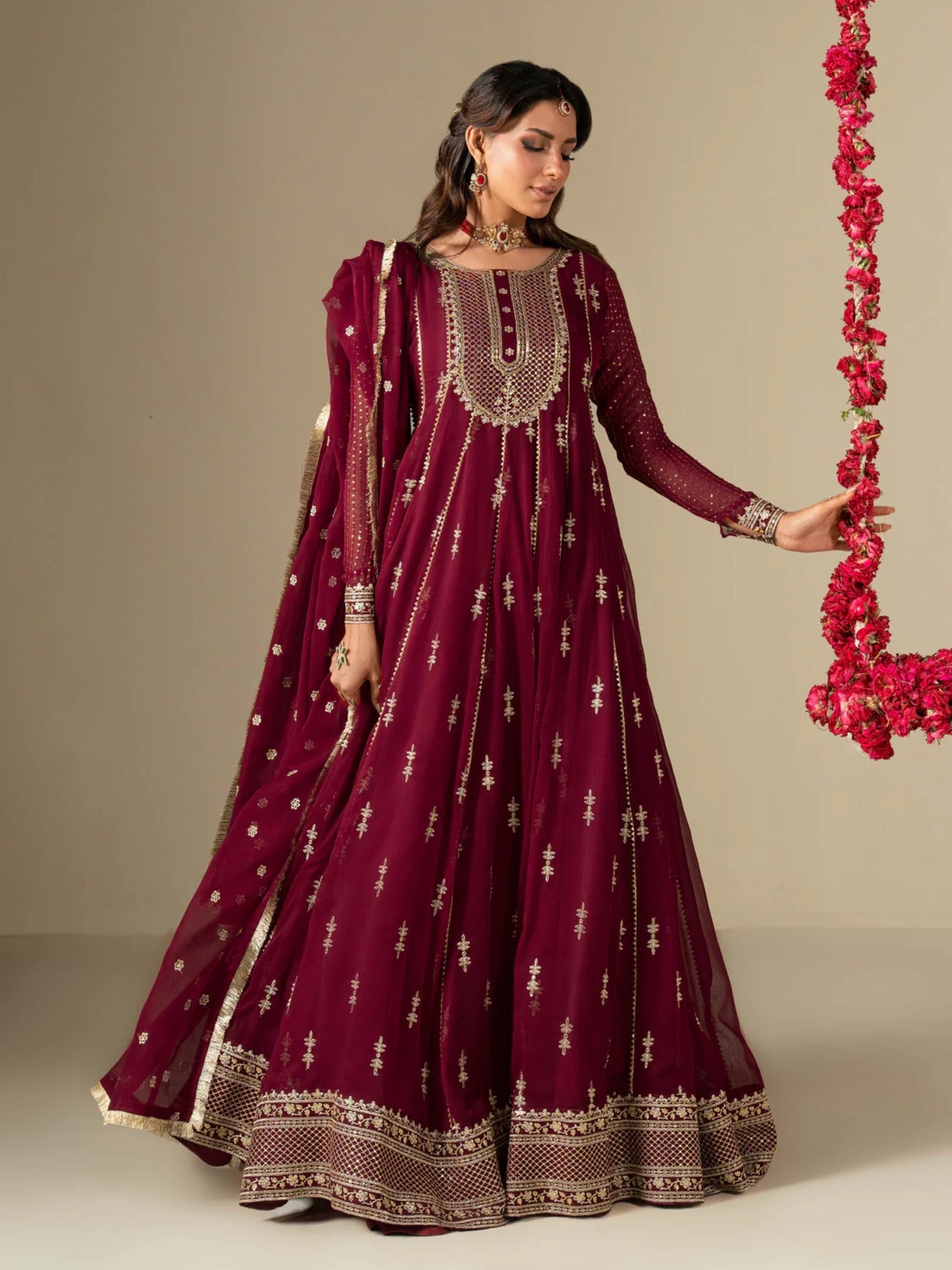 Maroon Hani & Umaima Chiffon Embroidered Stitched 2-Piece Suit-Jiya