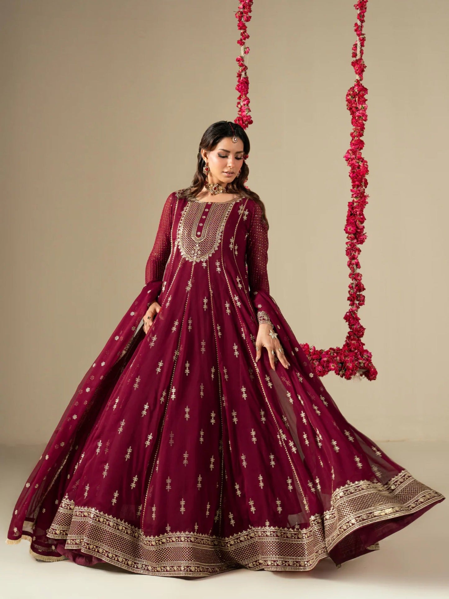 Maroon Hani & Umaima Chiffon Embroidered Stitched 2-Piece Suit-Jiya