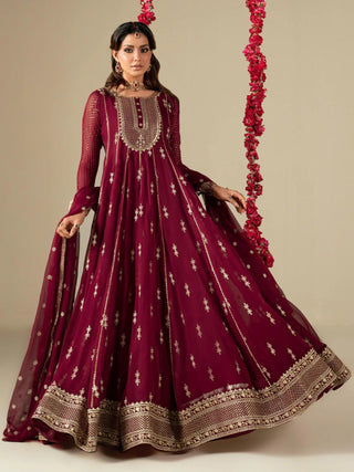 Maroon Hani & Umaima Chiffon Embroidered Stitched 2 Piece Suit Jiya
