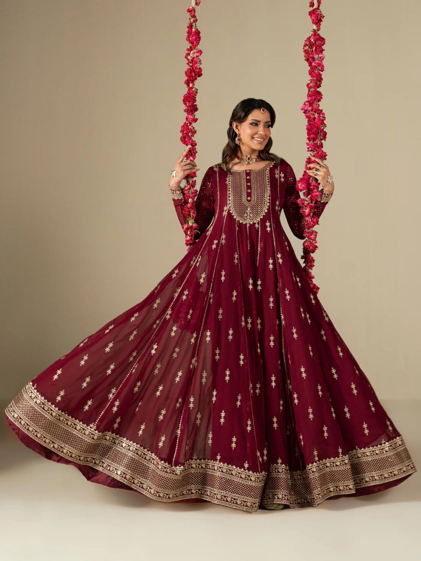Maroon Hani & Umaima Chiffon Embroidered Stitched 2-Piece Suit-Jiya