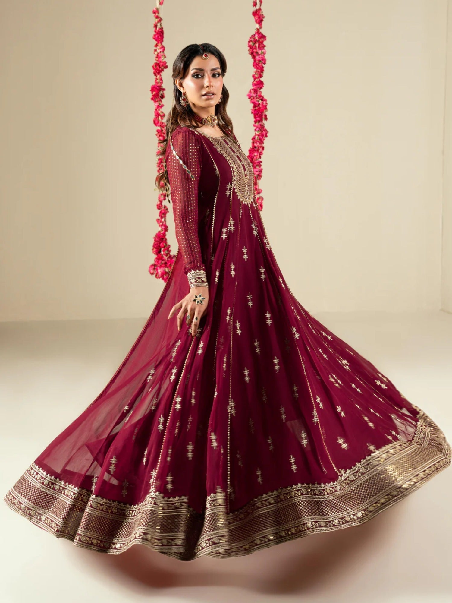 Maroon Hani & Umaima Chiffon Embroidered Stitched 2-Piece Suit-Jiya
