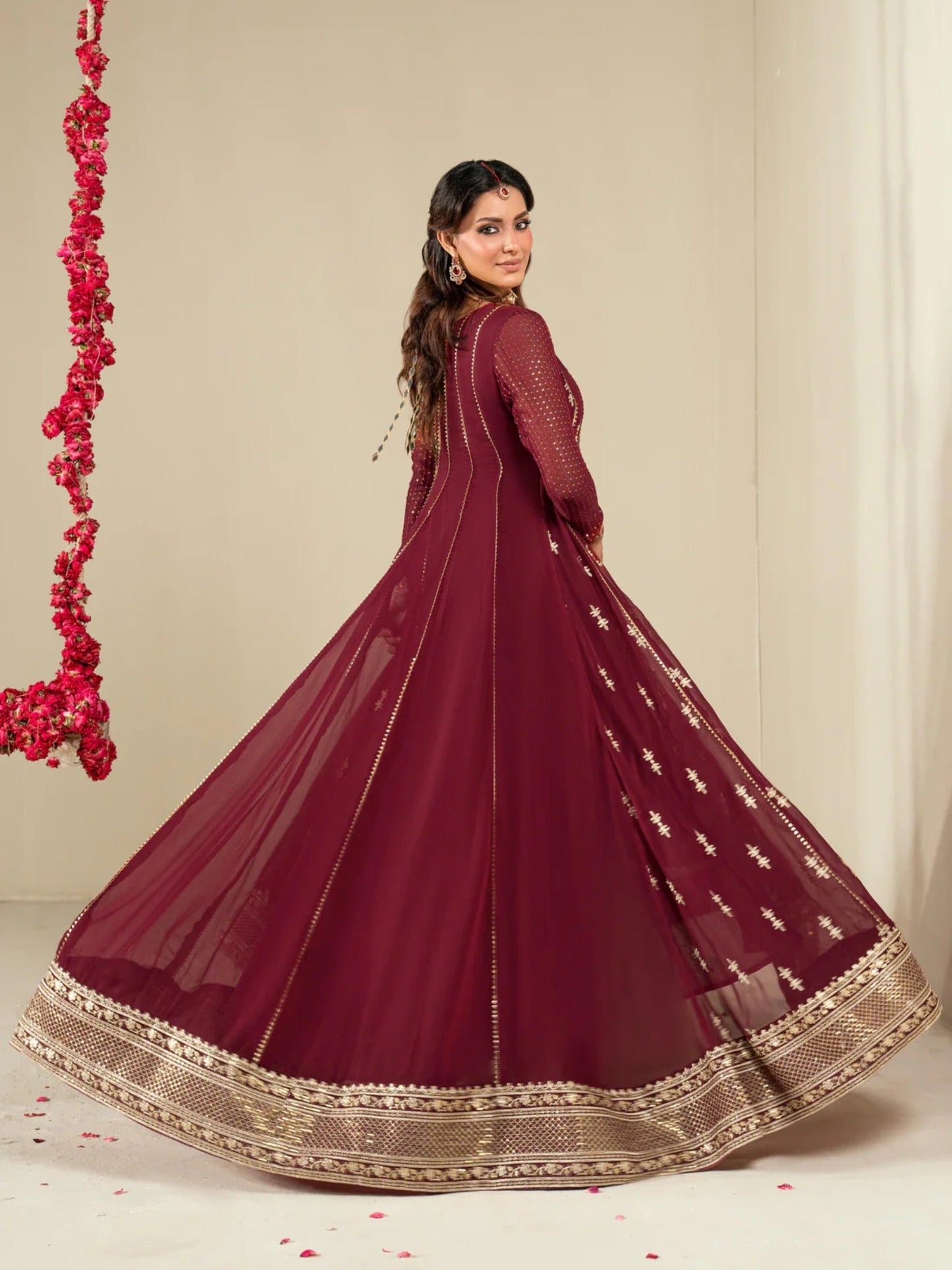 Maroon Hani & Umaima Chiffon Embroidered Stitched 2-Piece Suit-Jiya