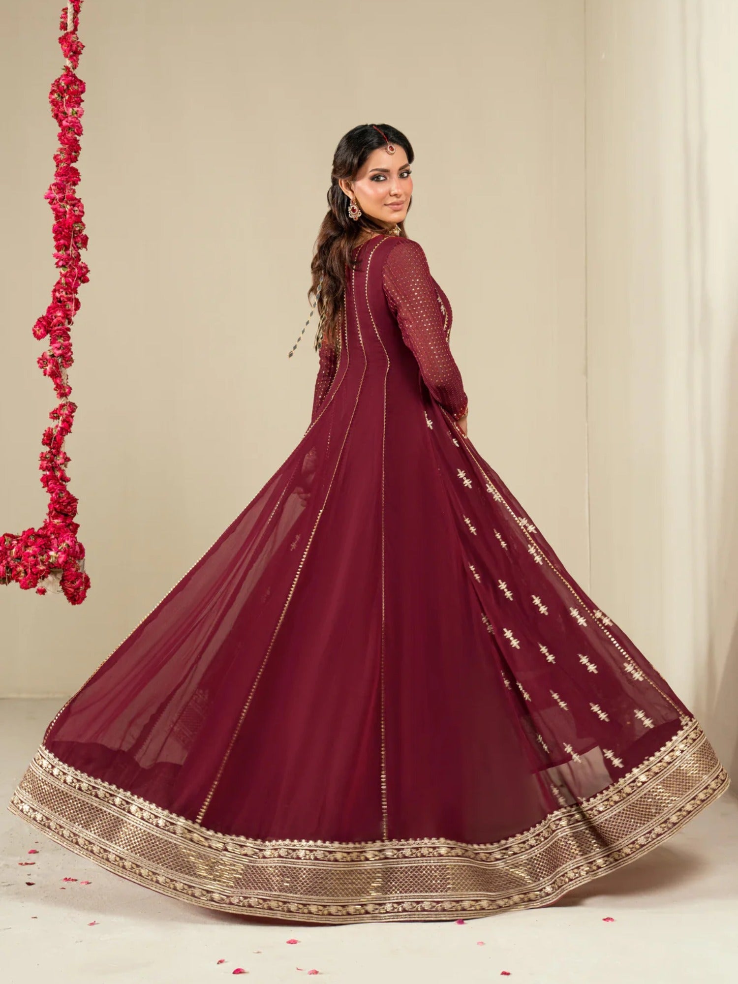 Maroon Hani & Umaima Chiffon Embroidered Stitched 2-Piece Suit-Jiya