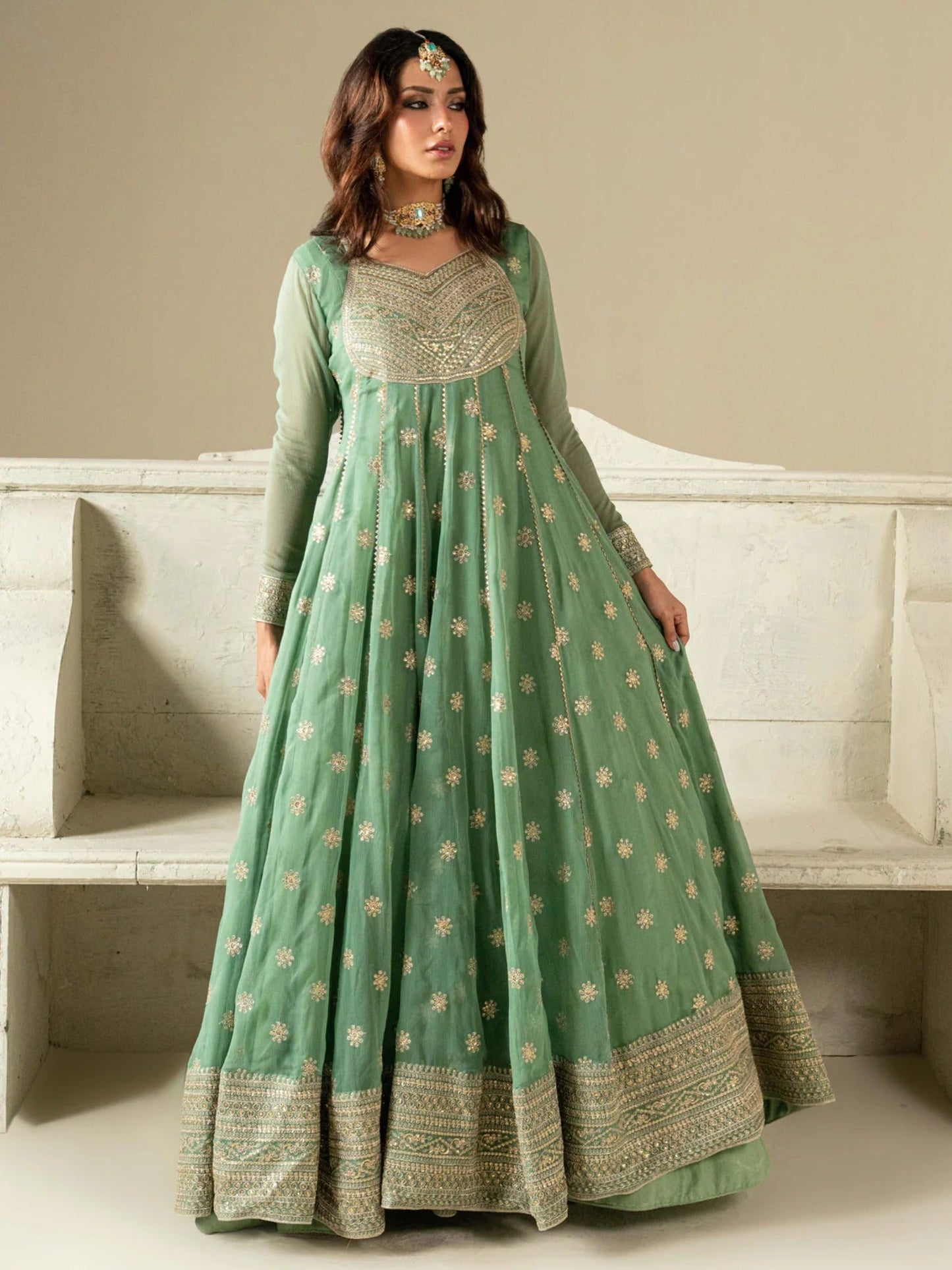 Green Hani & Umaima Chiffon Embroidered Stitched 2-Piece Suit-Sara