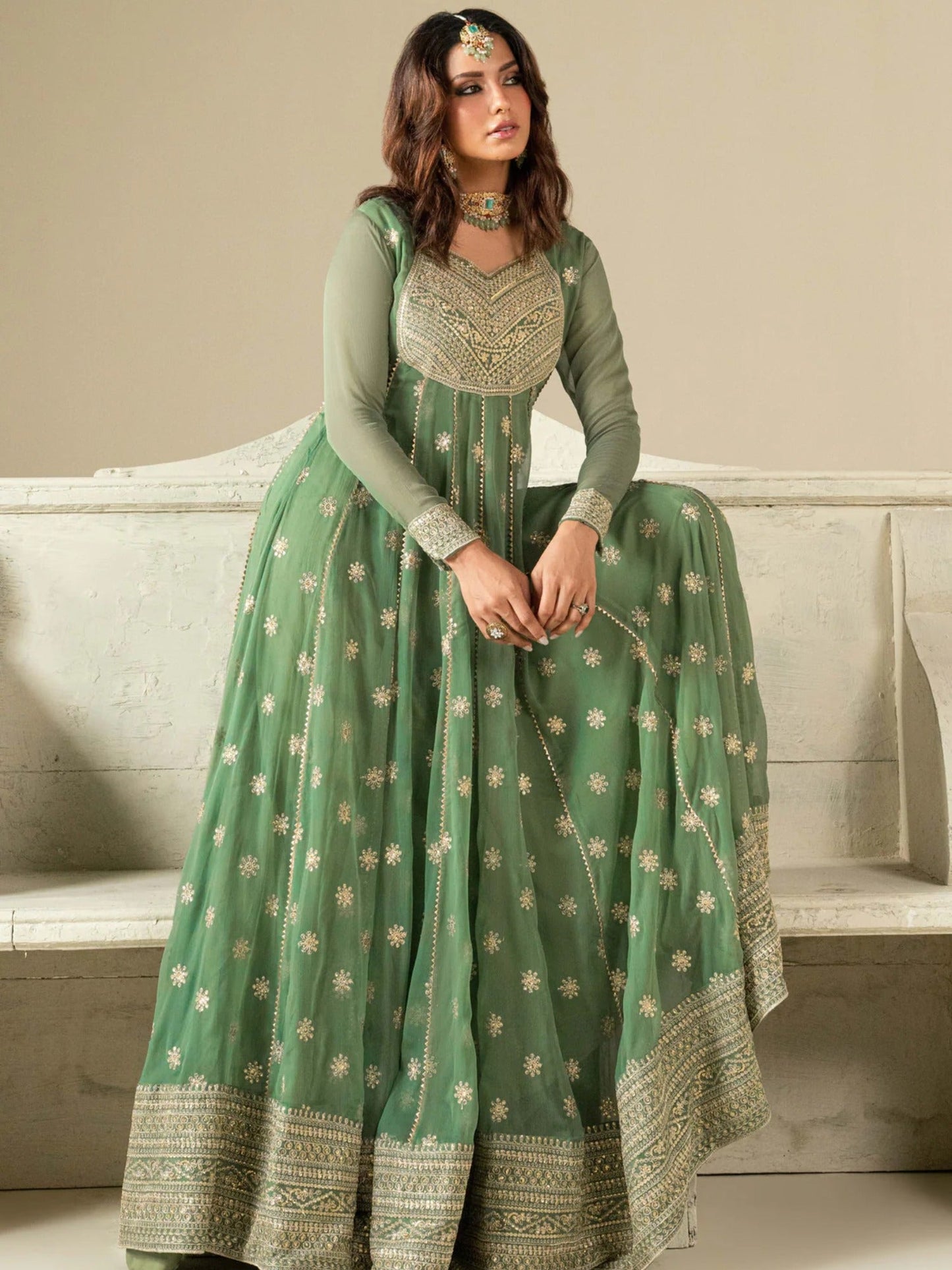 Green Hani & Umaima Chiffon Embroidered Stitched 2-Piece Suit-Sara