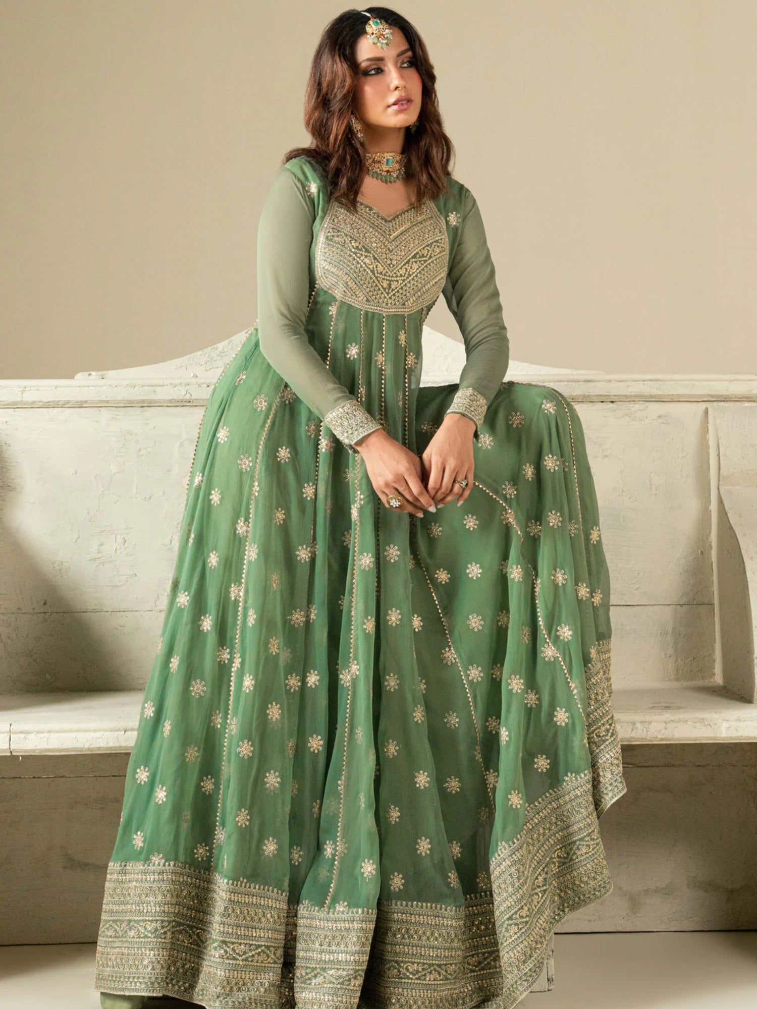 Green Hani & Umaima Chiffon Embroidered Stitched 2-Piece Suit-Sara