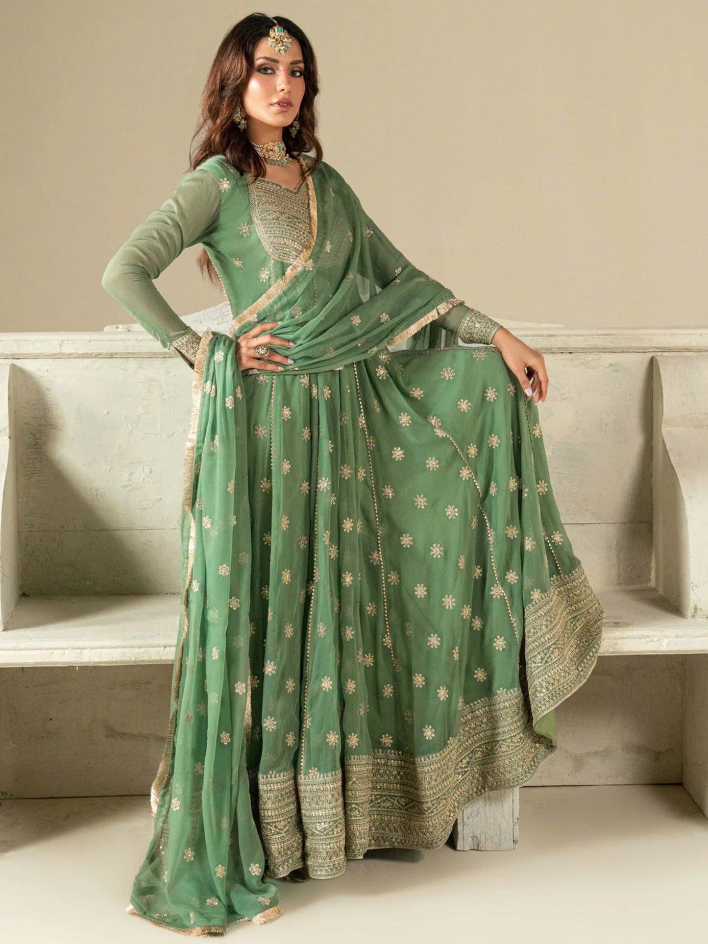 Green Hani & Umaima Chiffon Embroidered Stitched 2-Piece Suit-Sara