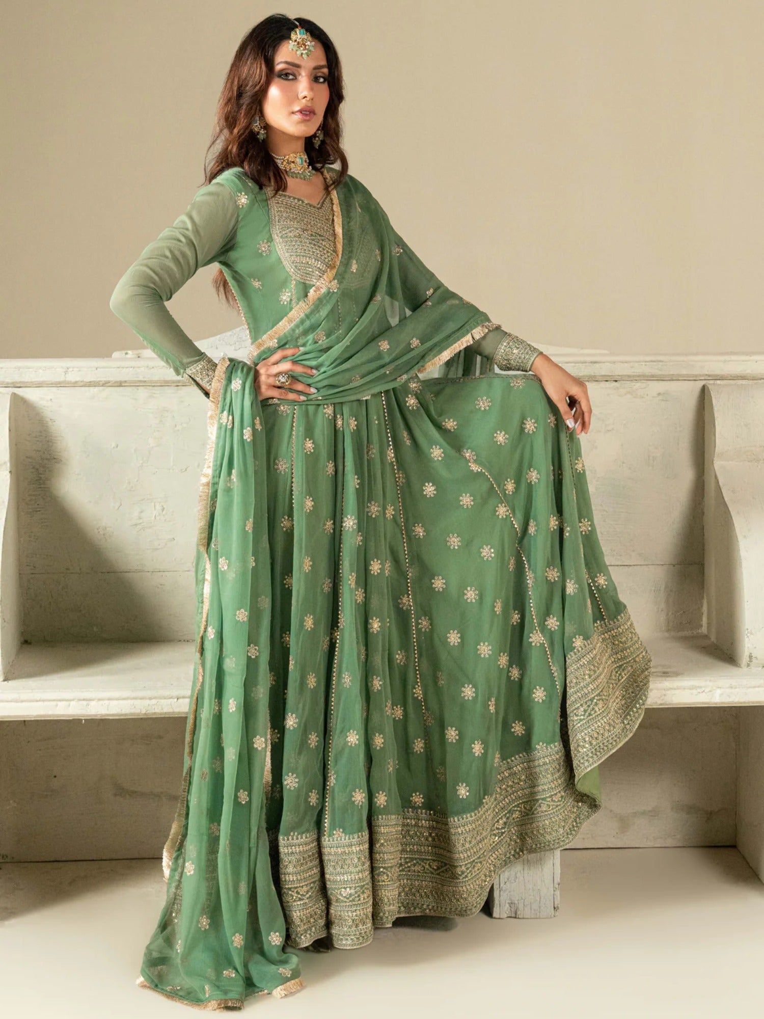 Green Hani & Umaima Chiffon Embroidered Stitched 2-Piece Suit-Sara