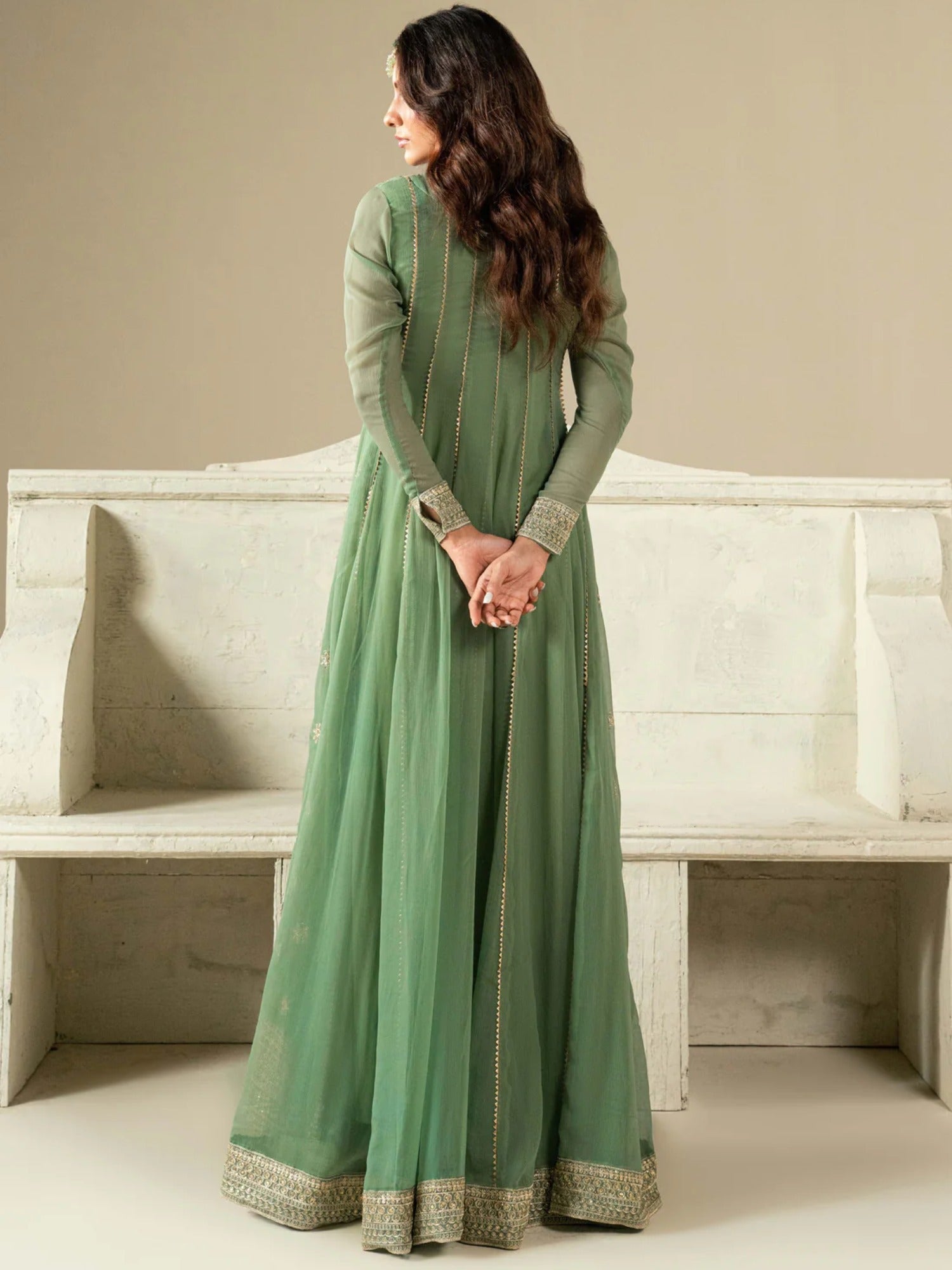 Green Hani & Umaima Chiffon Embroidered Stitched 2-Piece Suit-Sara
