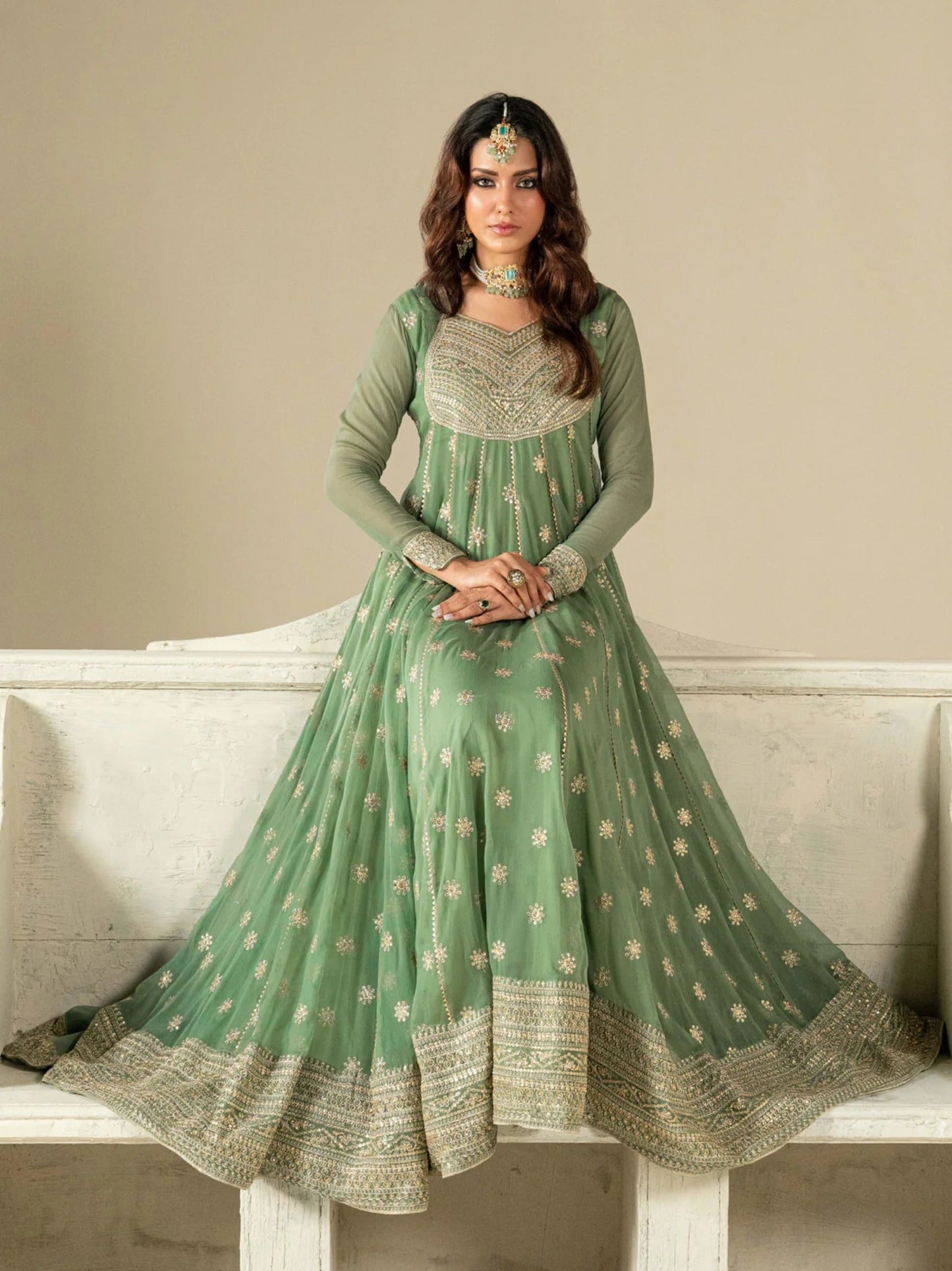 Green Hani & Umaima Chiffon Embroidered Stitched 2-Piece Suit-Sara
