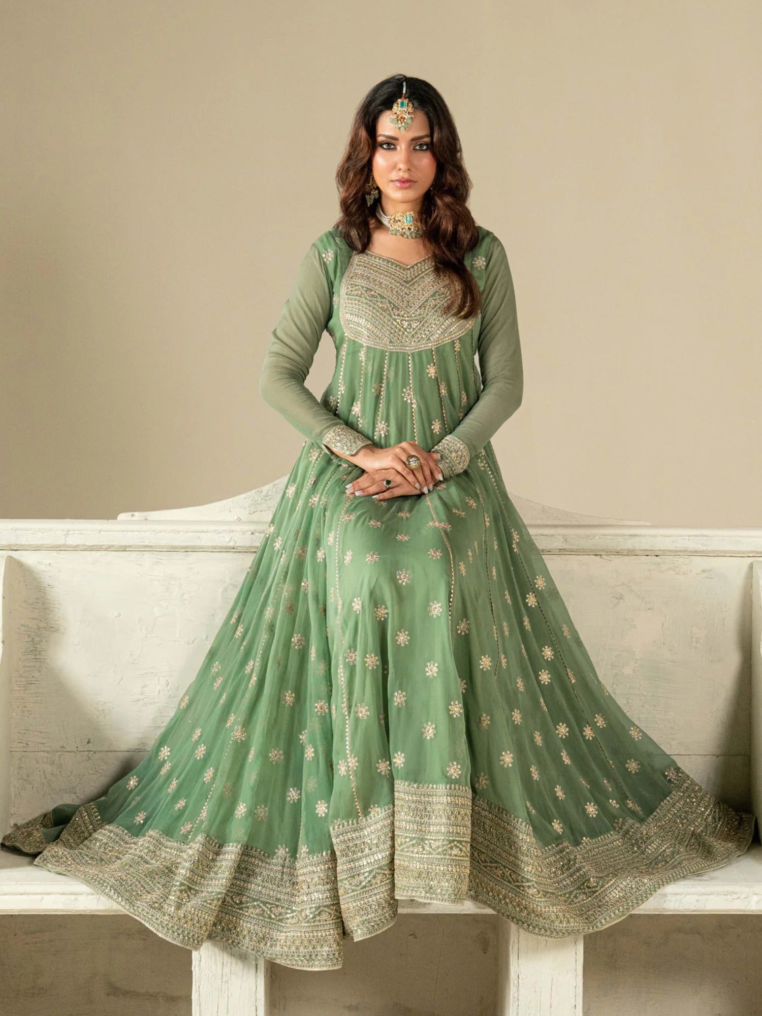 Green Hani & Umaima Chiffon Embroidered Stitched 2-Piece Suit-Sara