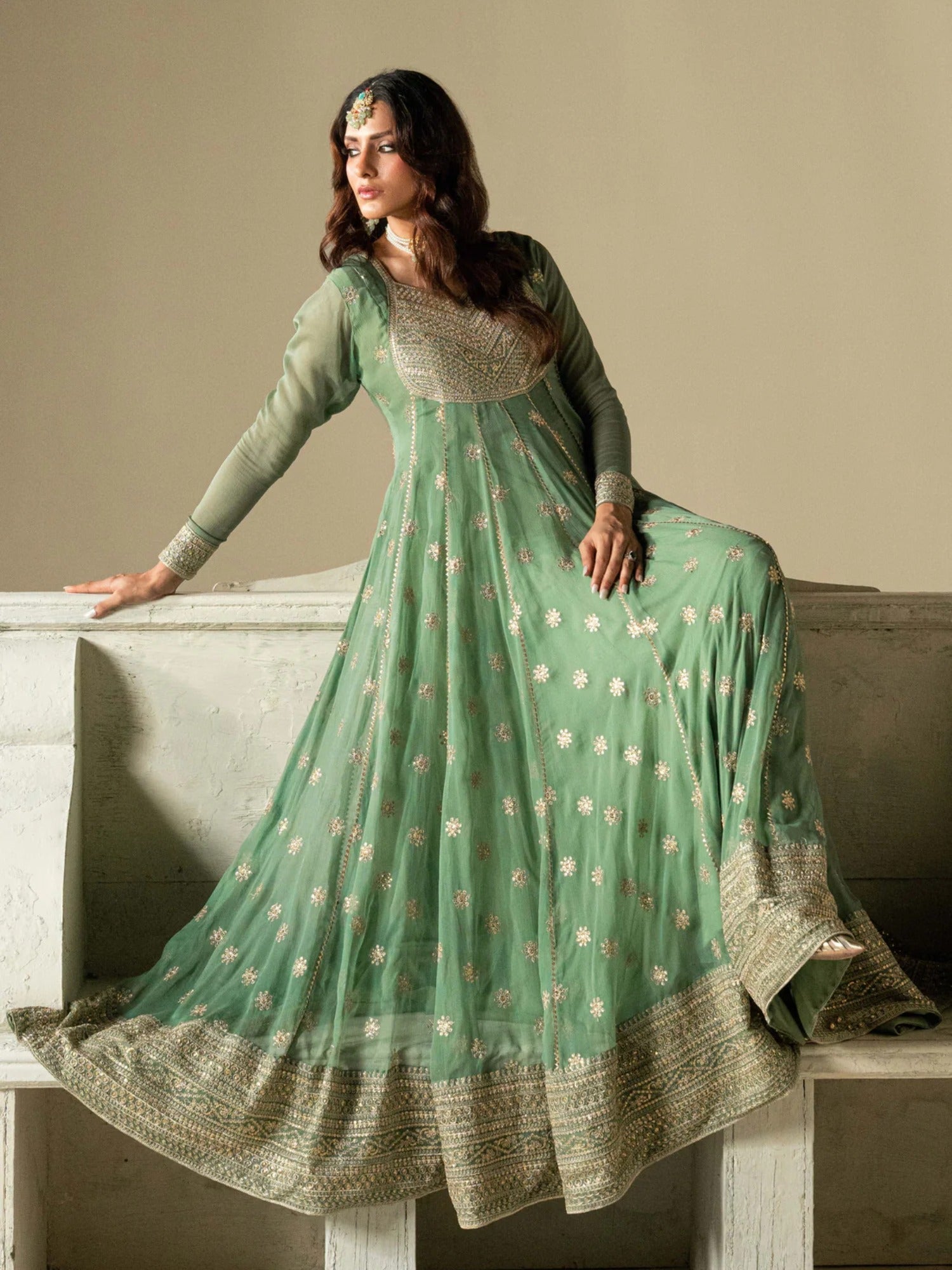 Green Hani & Umaima Chiffon Embroidered Stitched 2-Piece Suit-Sara