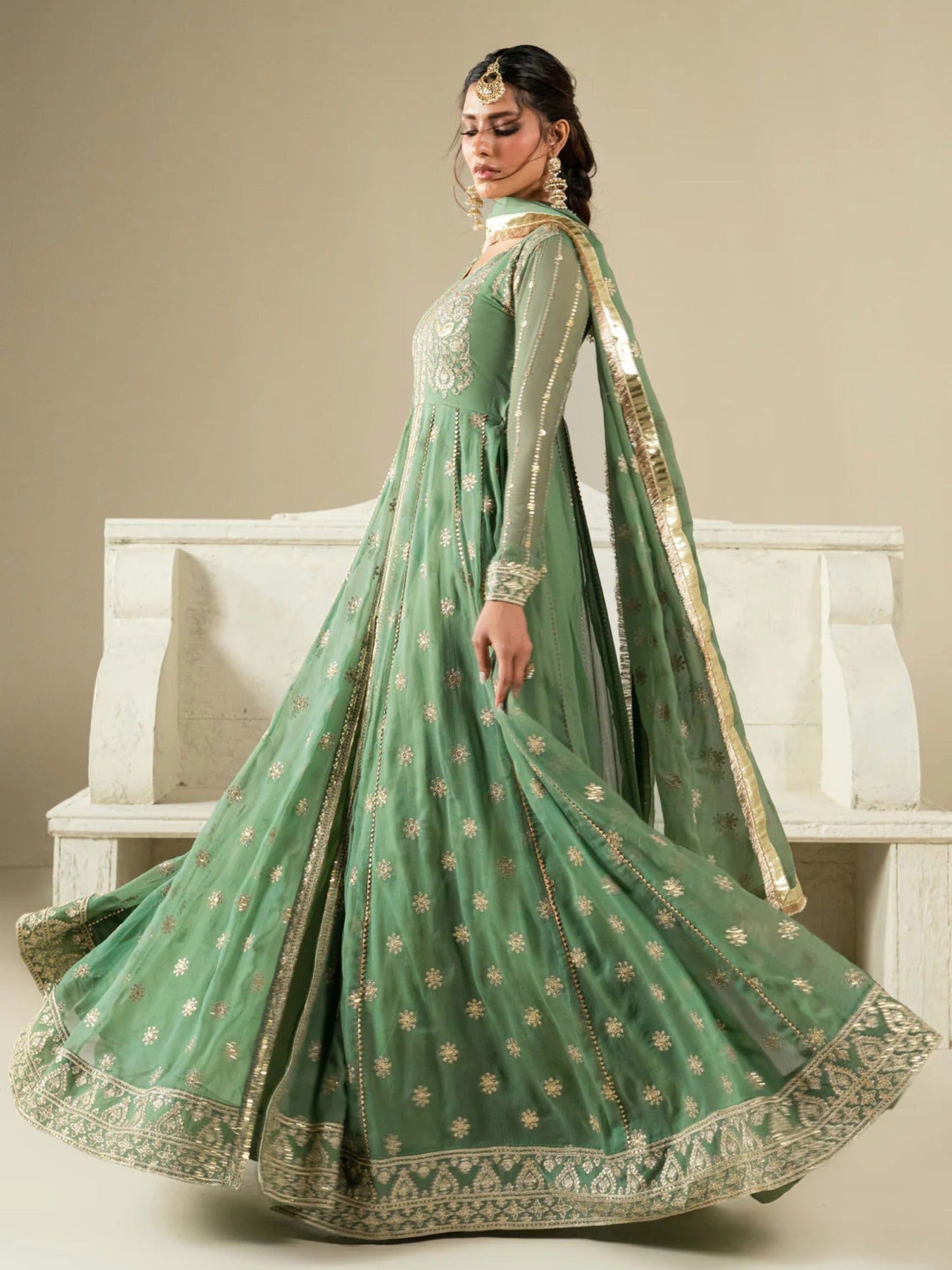 Green Hani & Umaima Chiffon Embroidered Stitched 2-Piece Suit-Sara