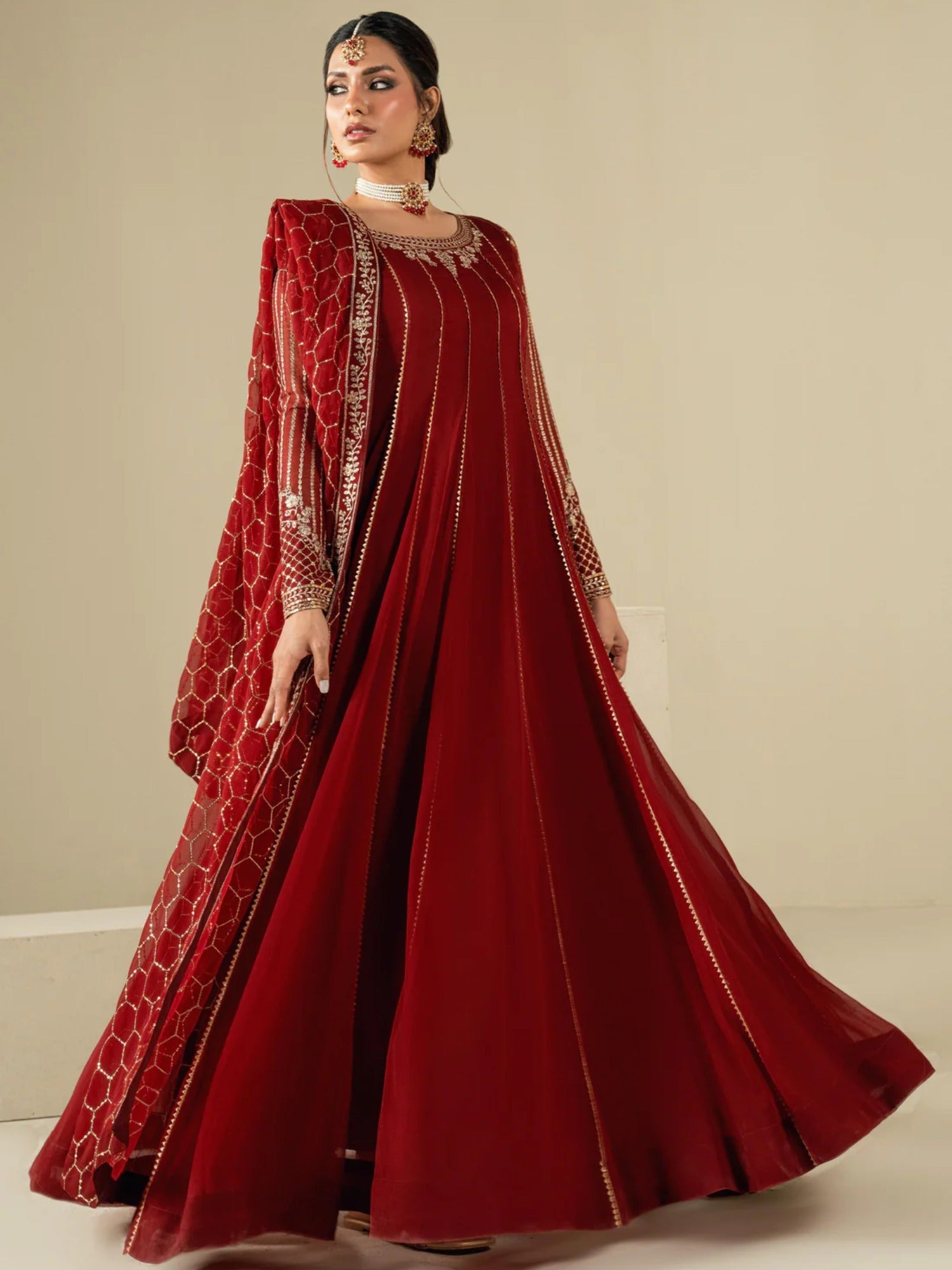 Maroon Hani & Umaima Chiffon Embroidered Stitched 2-Piece Suit-Uswa