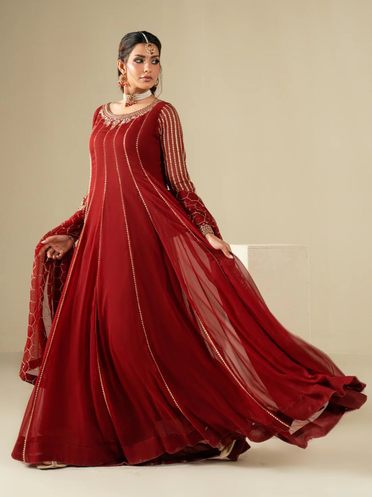 Maroon Hani & Umaima Chiffon Embroidered Stitched 2-Piece Suit-Uswa