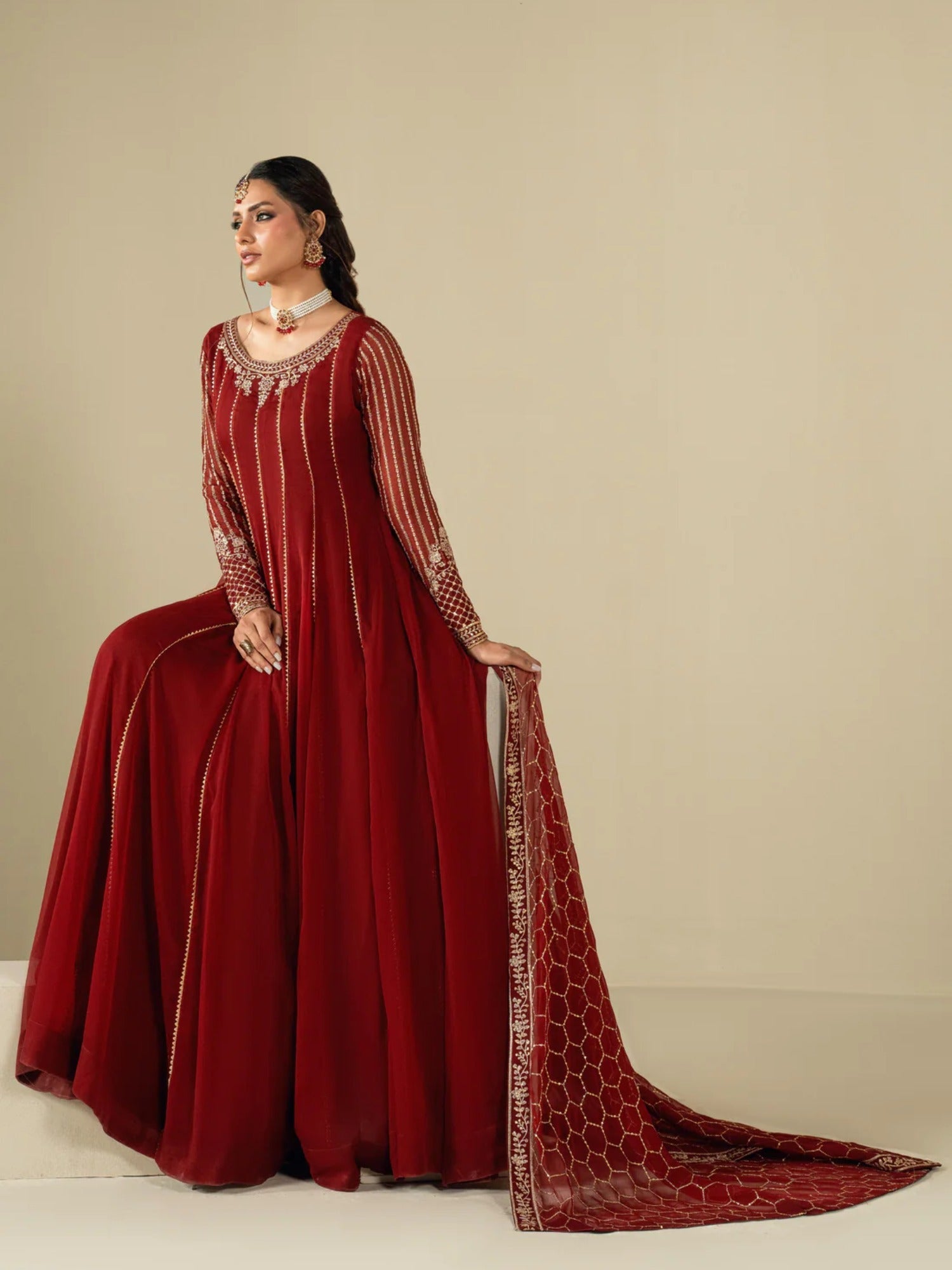 Maroon Hani & Umaima Chiffon Embroidered Stitched 2-Piece Suit-Uswa