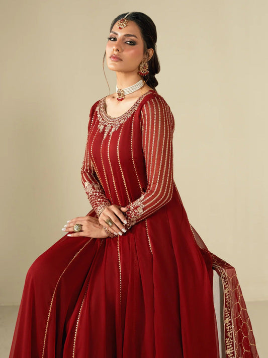 Maroon Hani & Umaima Chiffon Embroidered Stitched 2-Piece Suit-Uswa