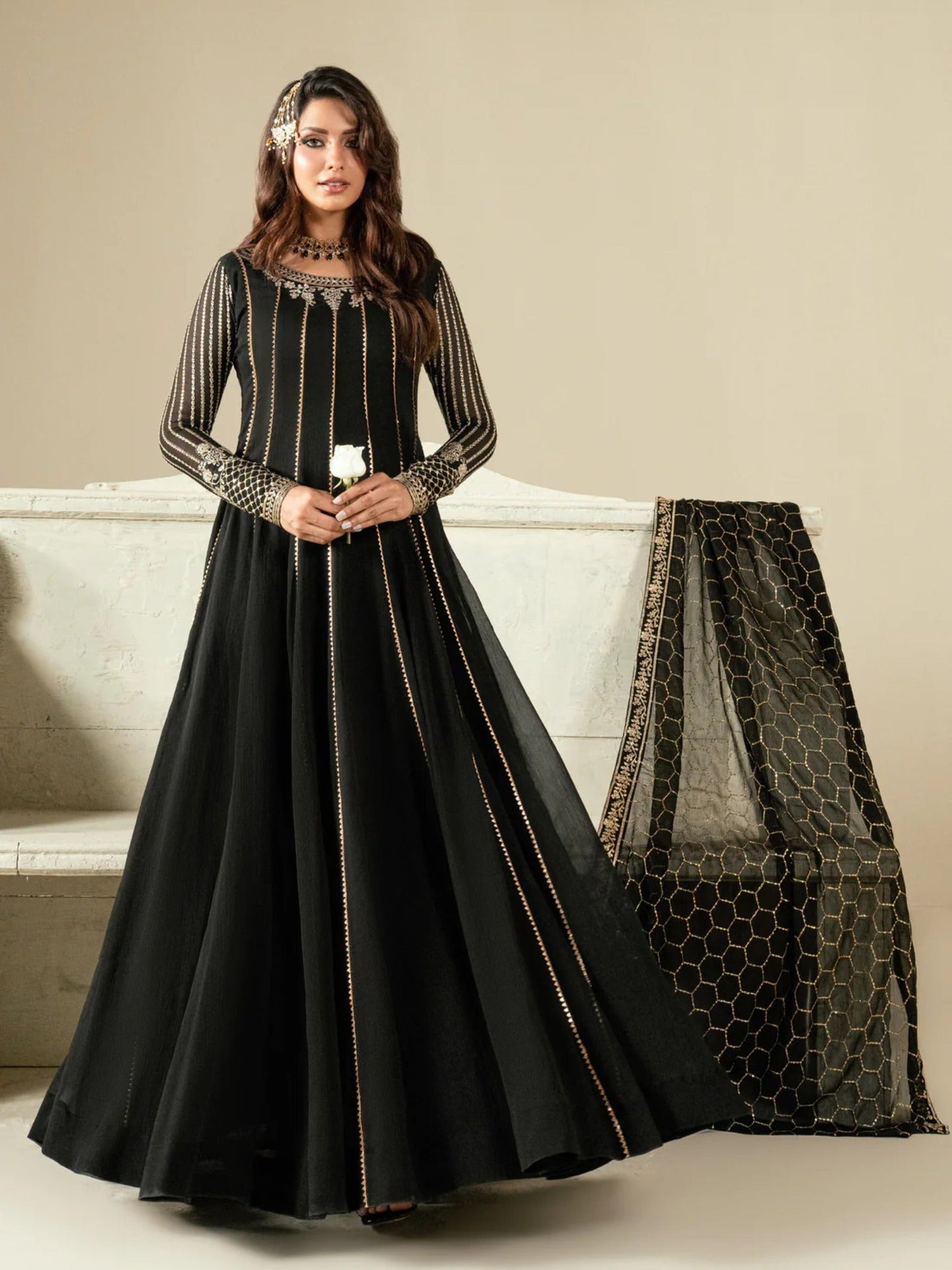 Black Hani & Umaima Chiffon Embroidered Stitched 2-Piece Suit-Arina