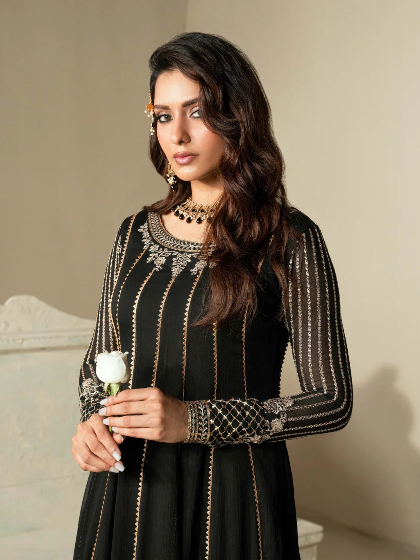 Black Hani & Umaima Chiffon Embroidered Stitched 2-Piece Suit-Arina