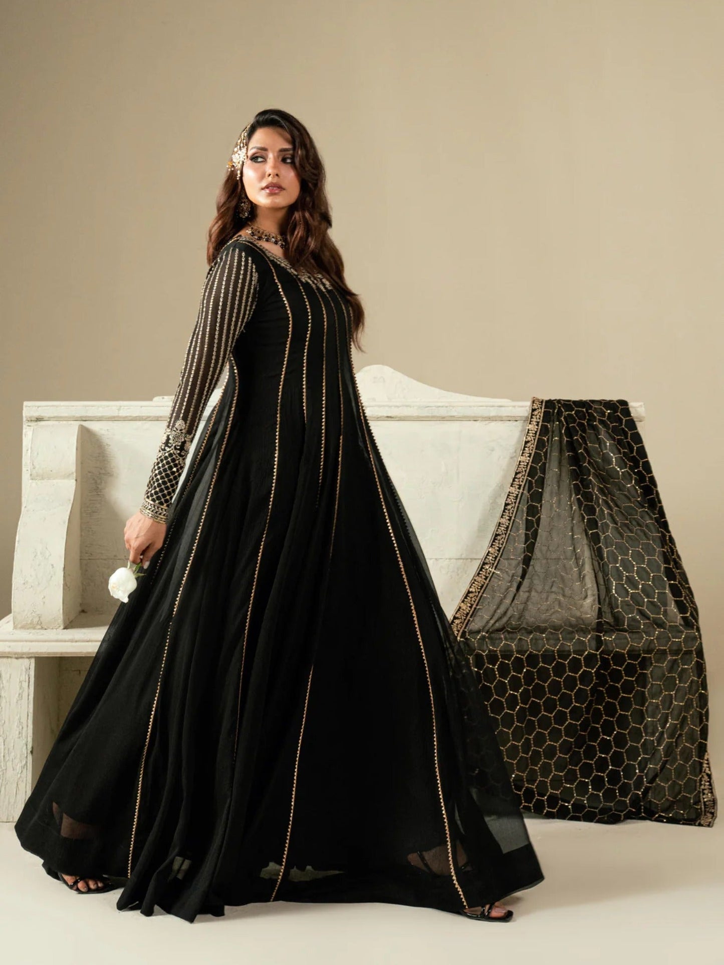 Black Hani & Umaima Chiffon Embroidered Stitched 2-Piece Suit-Arina