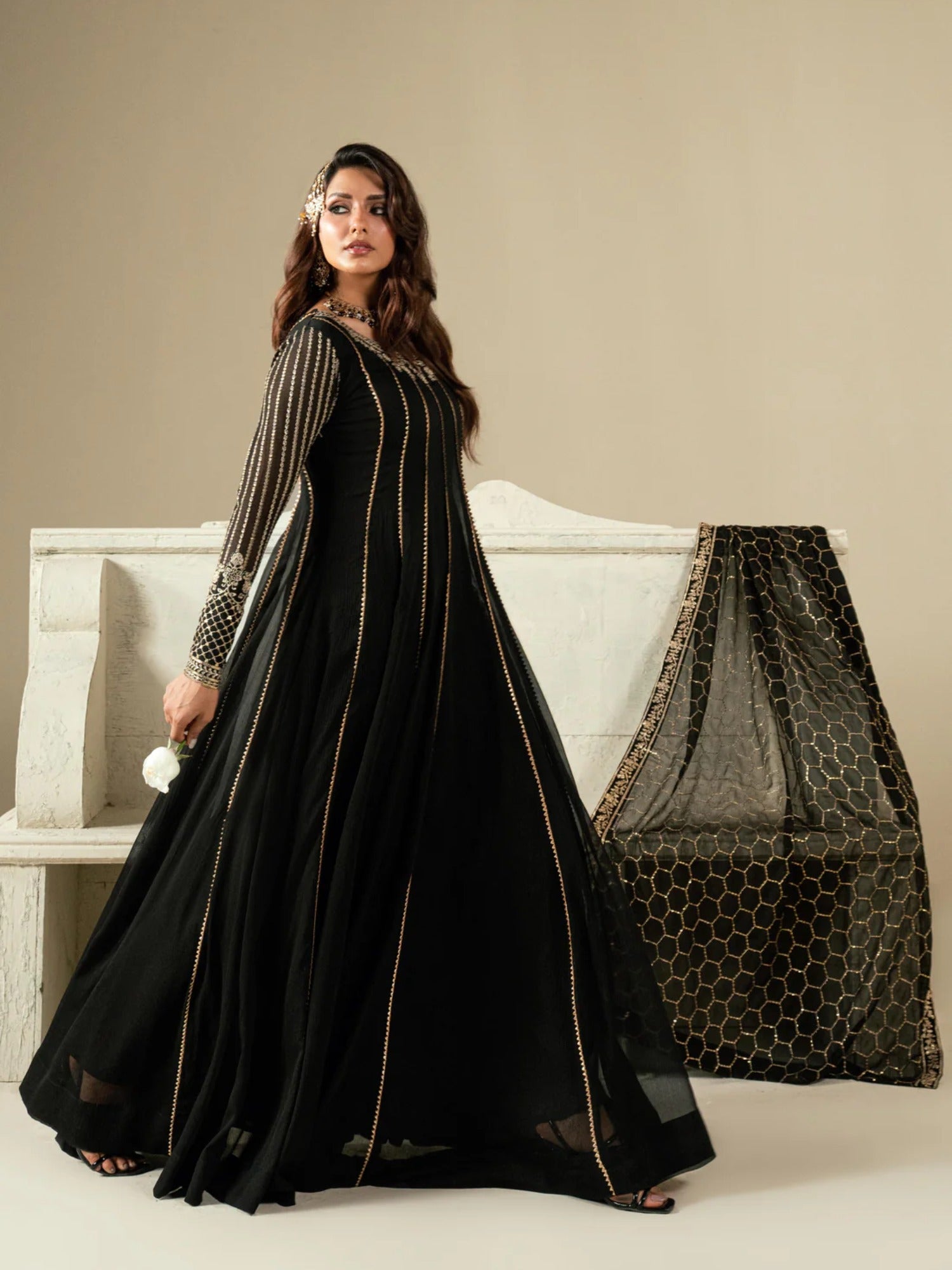 Black Hani & Umaima Chiffon Embroidered Stitched 2-Piece Suit-Arina