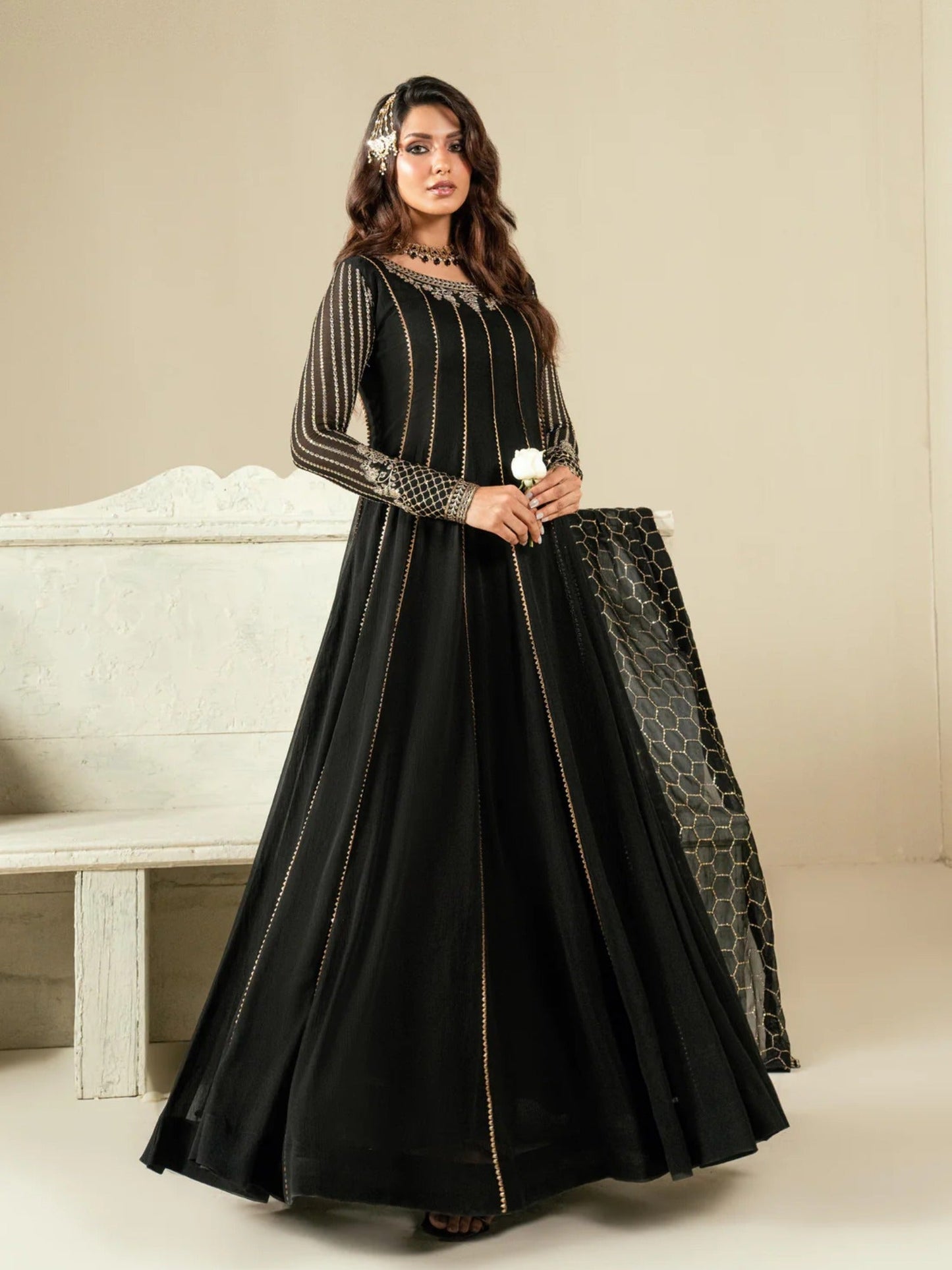 Black Hani & Umaima Chiffon Embroidered Stitched 2-Piece Suit-Arina