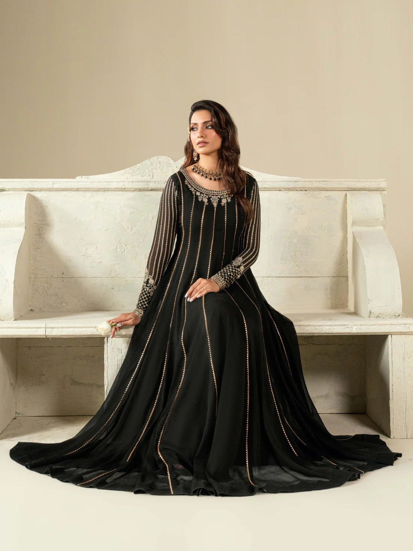 Black Hani & Umaima Chiffon Embroidered Stitched 2-Piece Suit-Arina