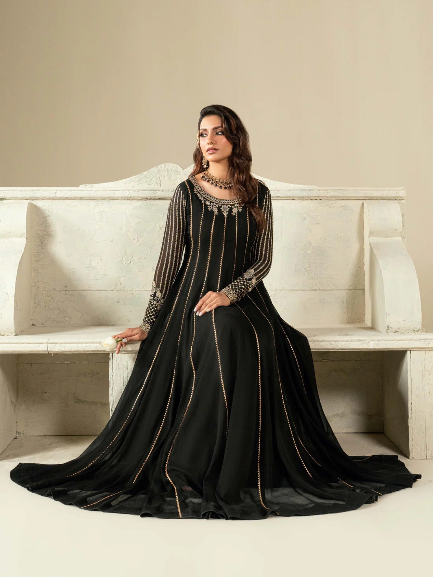 Black Hani & Umaima Chiffon Embroidered Stitched 2-Piece Suit-Arina