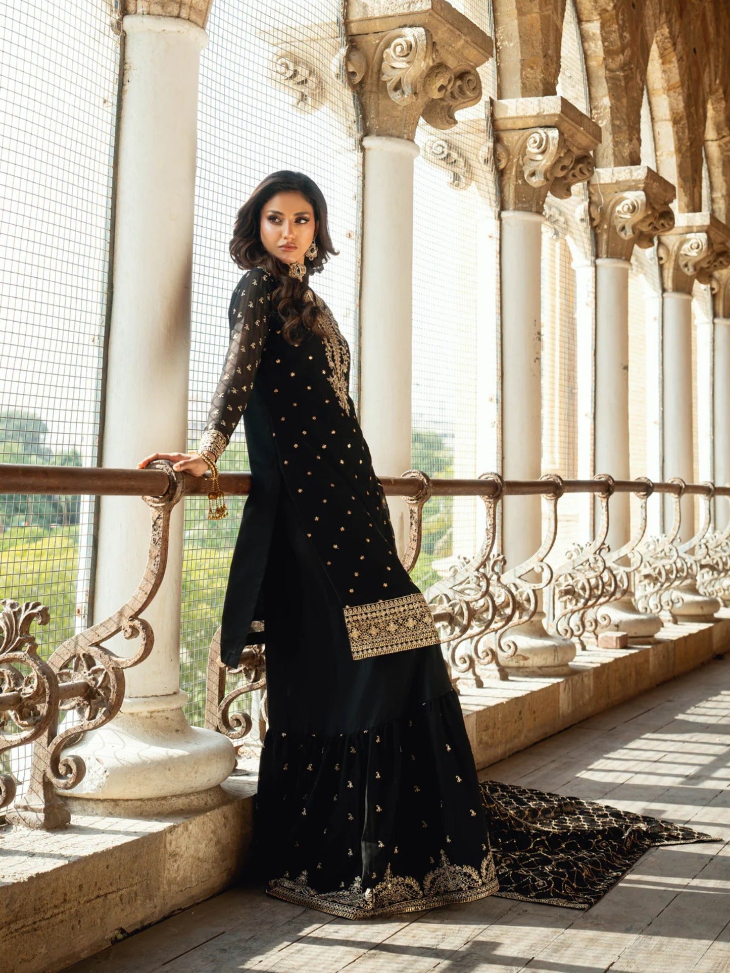 Black Hani & Umaima Chiffon Embroidered Gharara-Seemal
