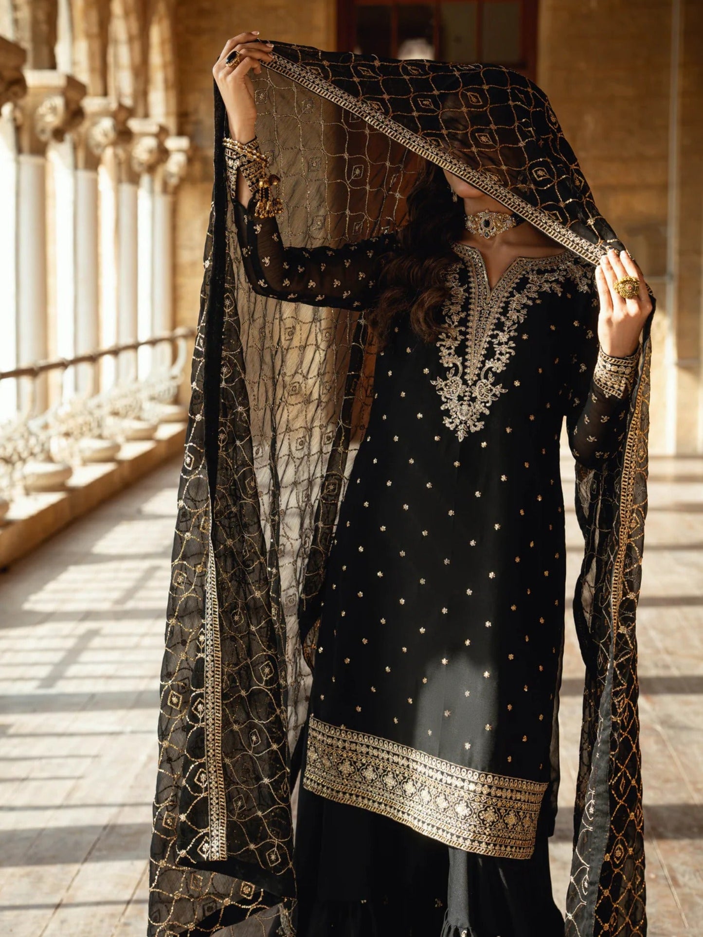 Black Hani & Umaima Chiffon Embroidered Gharara-Seemal