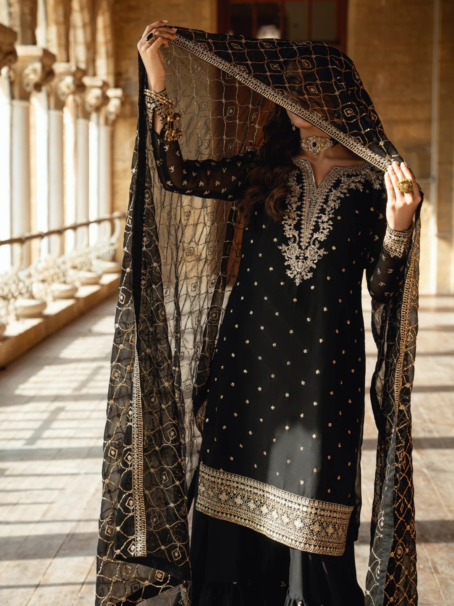 Black Hani & Umaima Chiffon Embroidered Gharara-Seemal