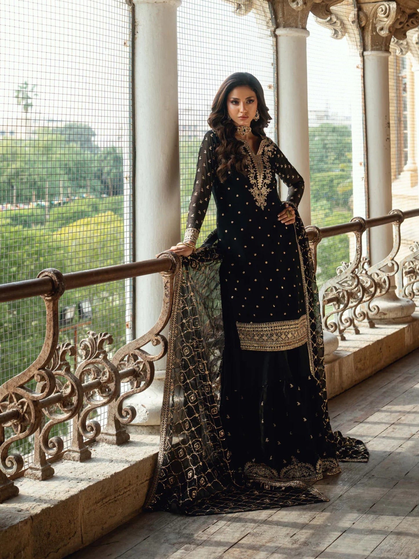 Black Hani & Umaima Chiffon Embroidered Gharara-Seemal